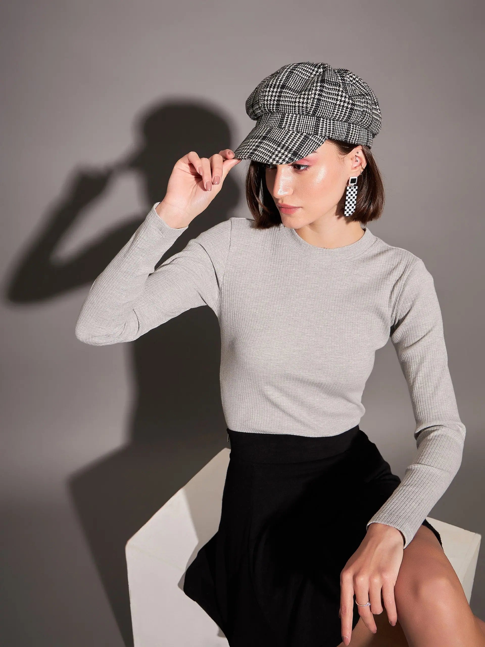 Grey Rib High Neck Top | Stylish Women's Western Clothing