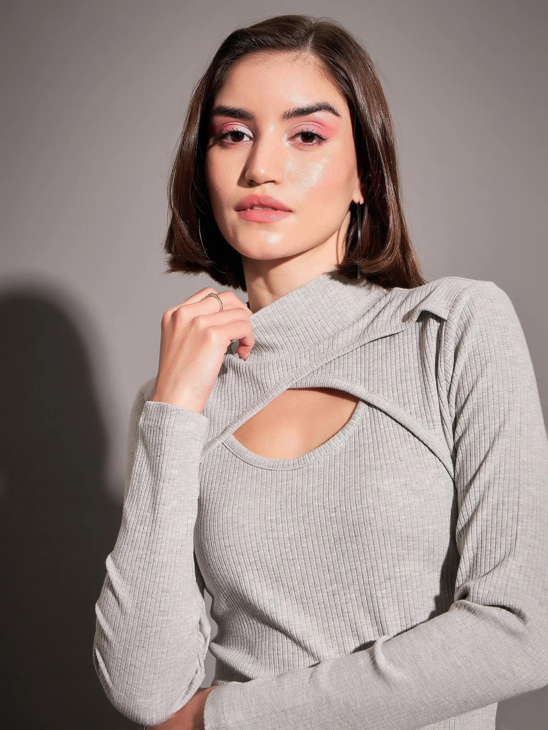 Grey Rib Moon Cut Top | Trendy Western Outfits for Women