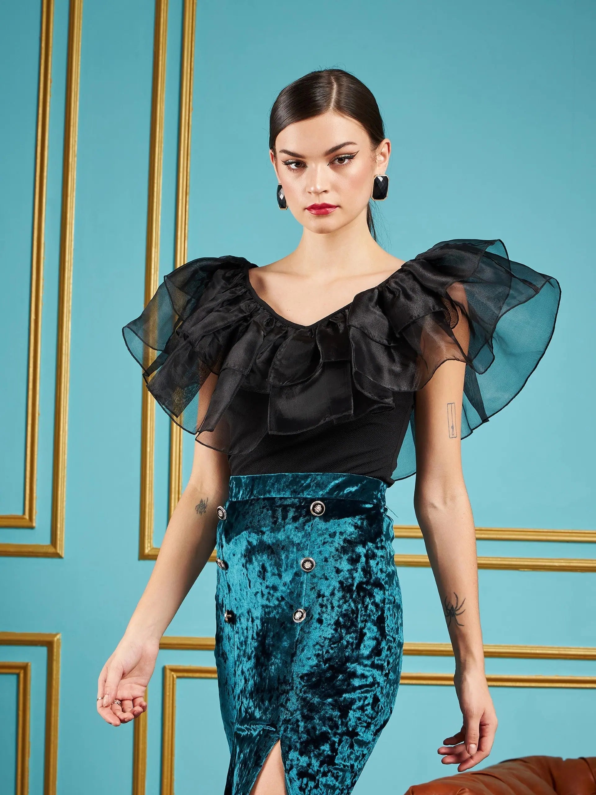 Women's Black Frill Neck Top - Western Outfits for Women