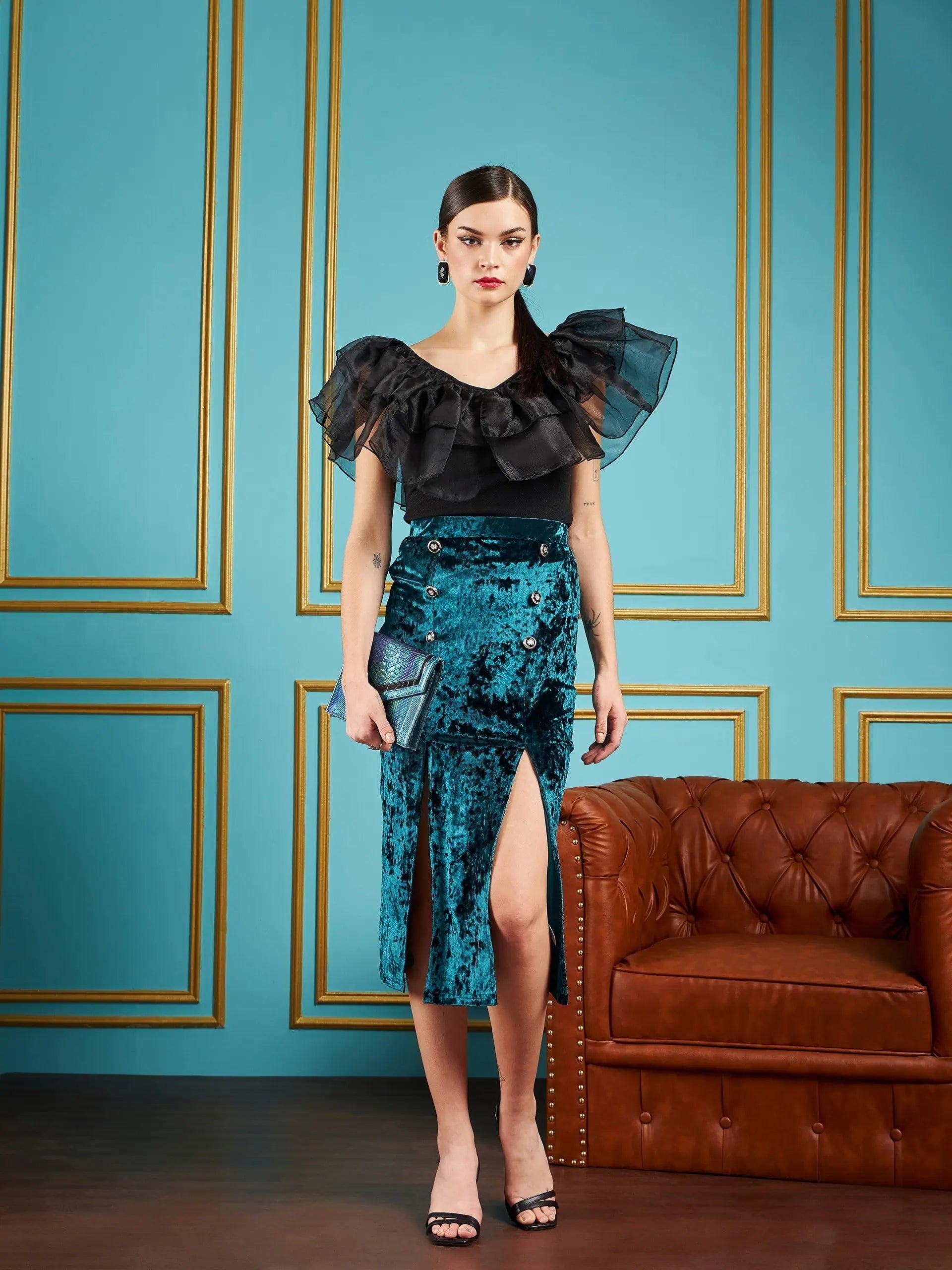 Women's Black Frill Neck Top - Western Outfits for Women