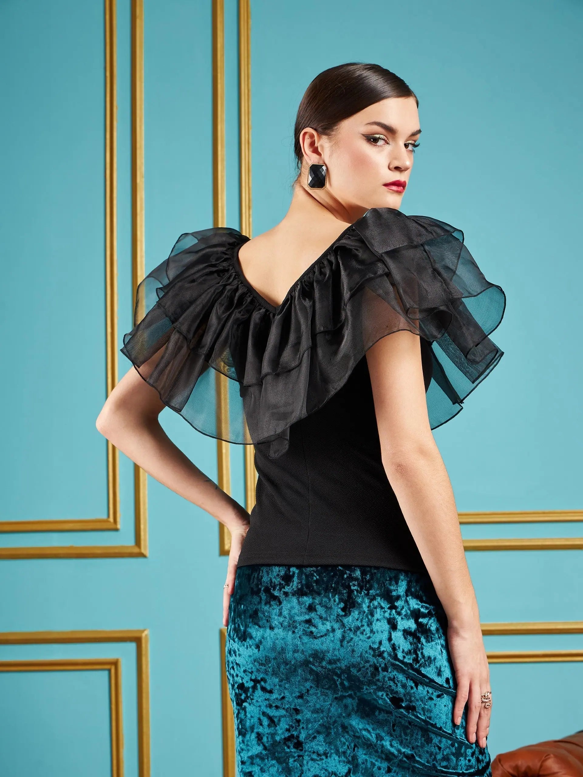 Women's Black Frill Neck Top - Western Outfits for Women