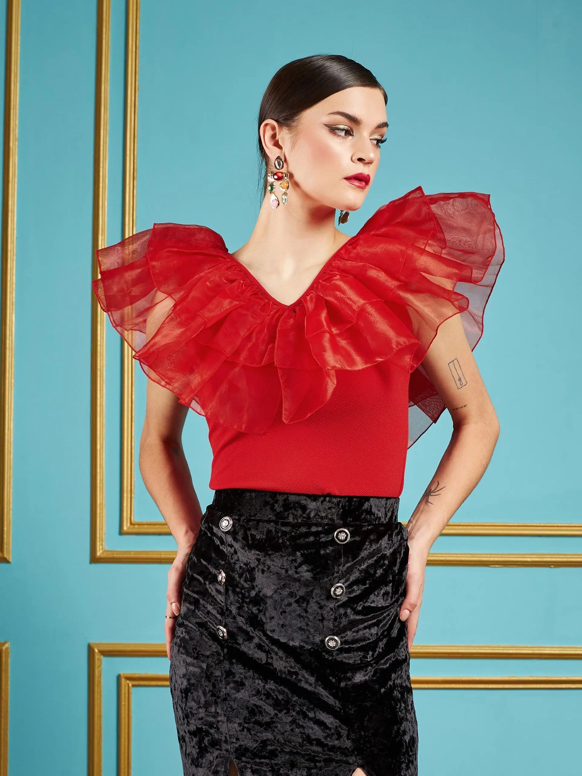 Red Frill Neck Top - Women's Western Wear & Clothing