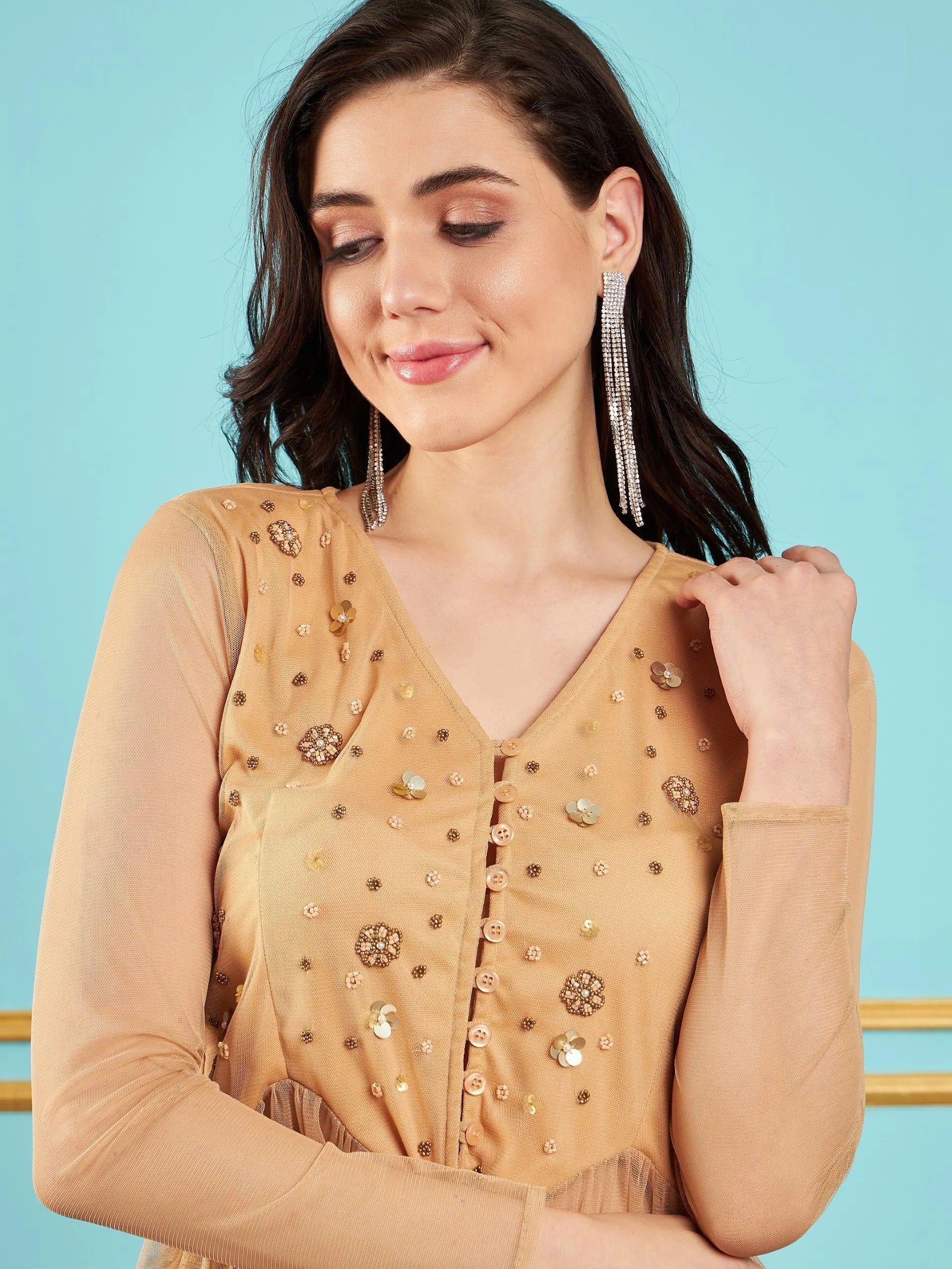 Beige Embellished Peplum Top | Women's Western Wear Online