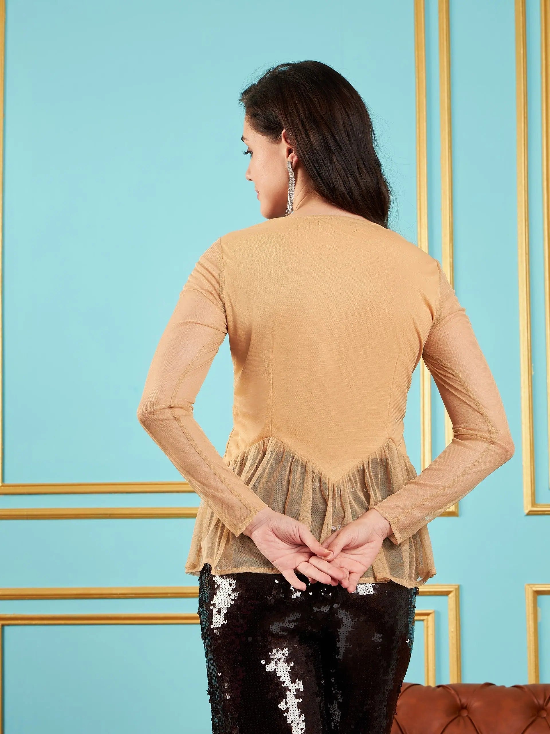 Beige Embellished Peplum Top | Women's Western Wear Online