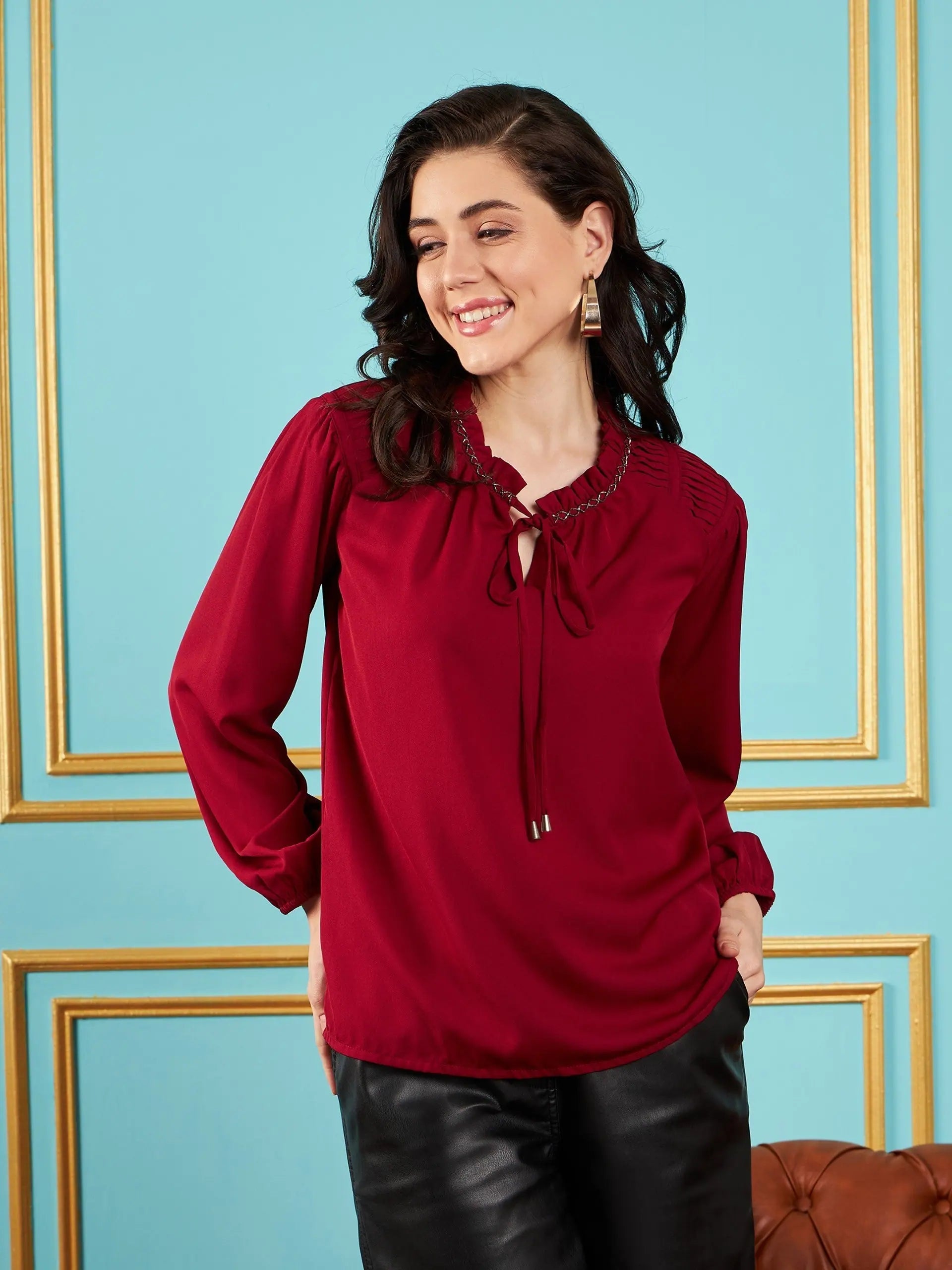 Maroon Puff Sleeve Top | Women's Embellished Western Outfit