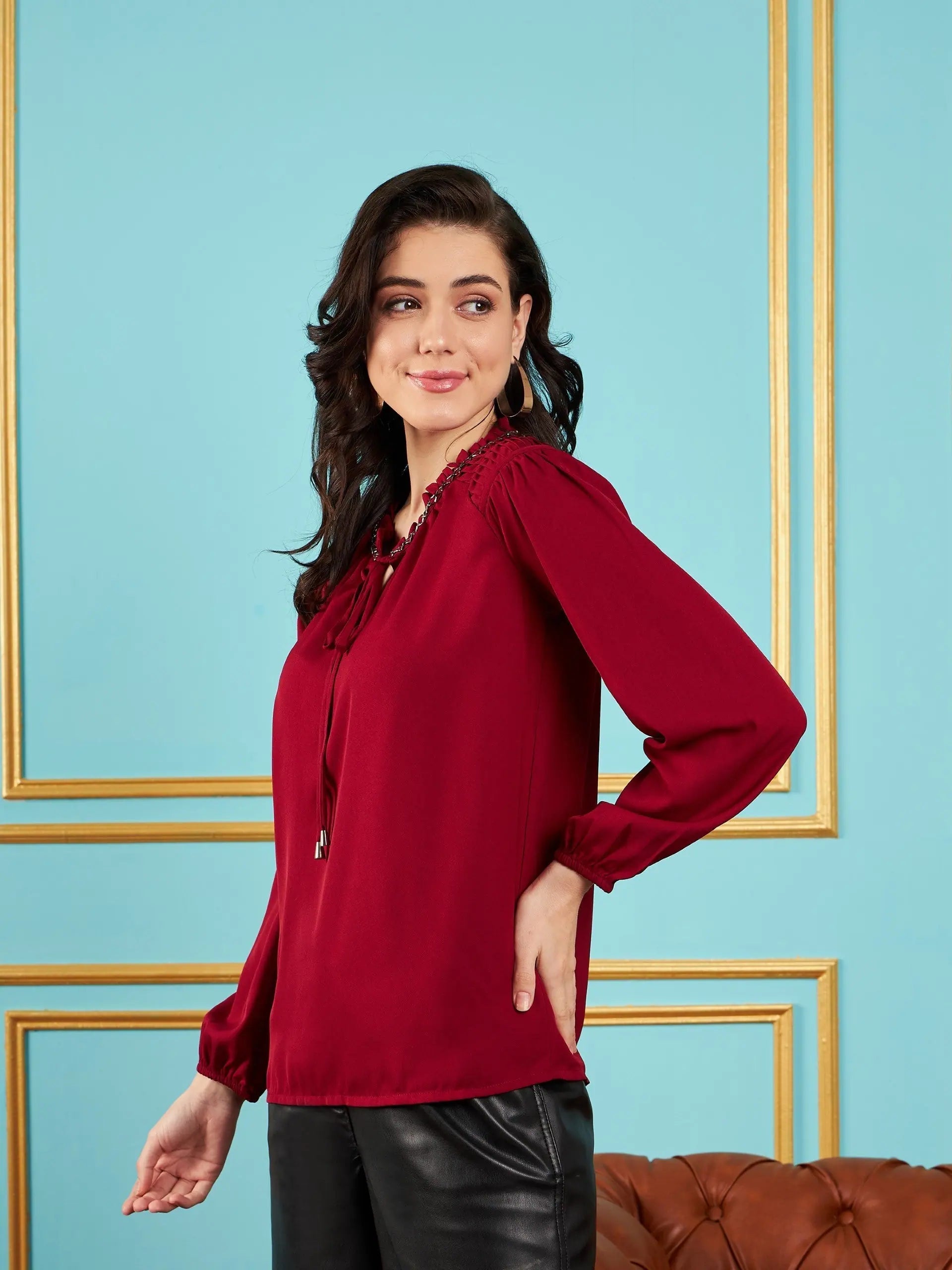 Maroon Puff Sleeve Top | Women's Embellished Western Outfit