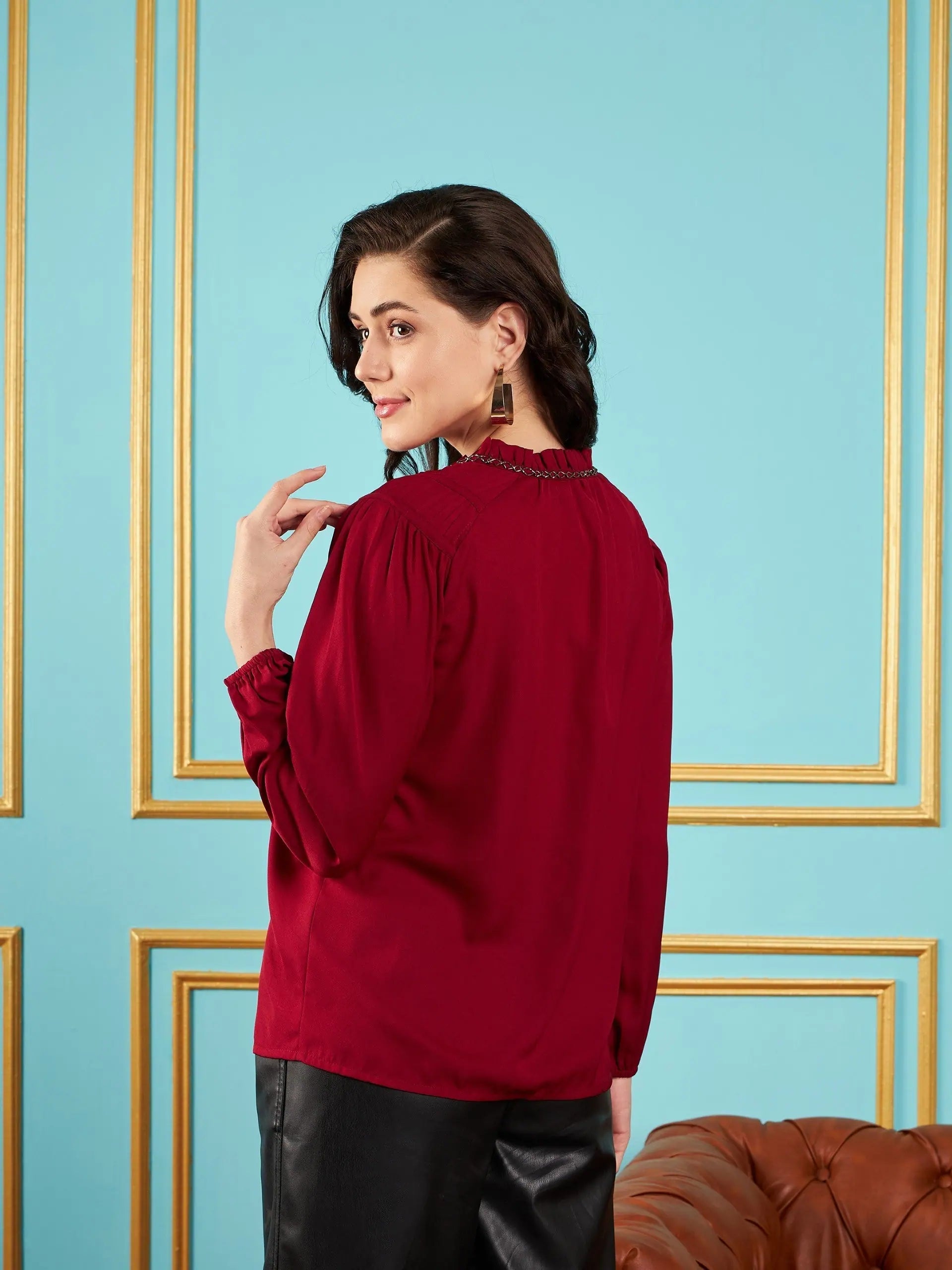Maroon Puff Sleeve Top | Women's Embellished Western Outfit