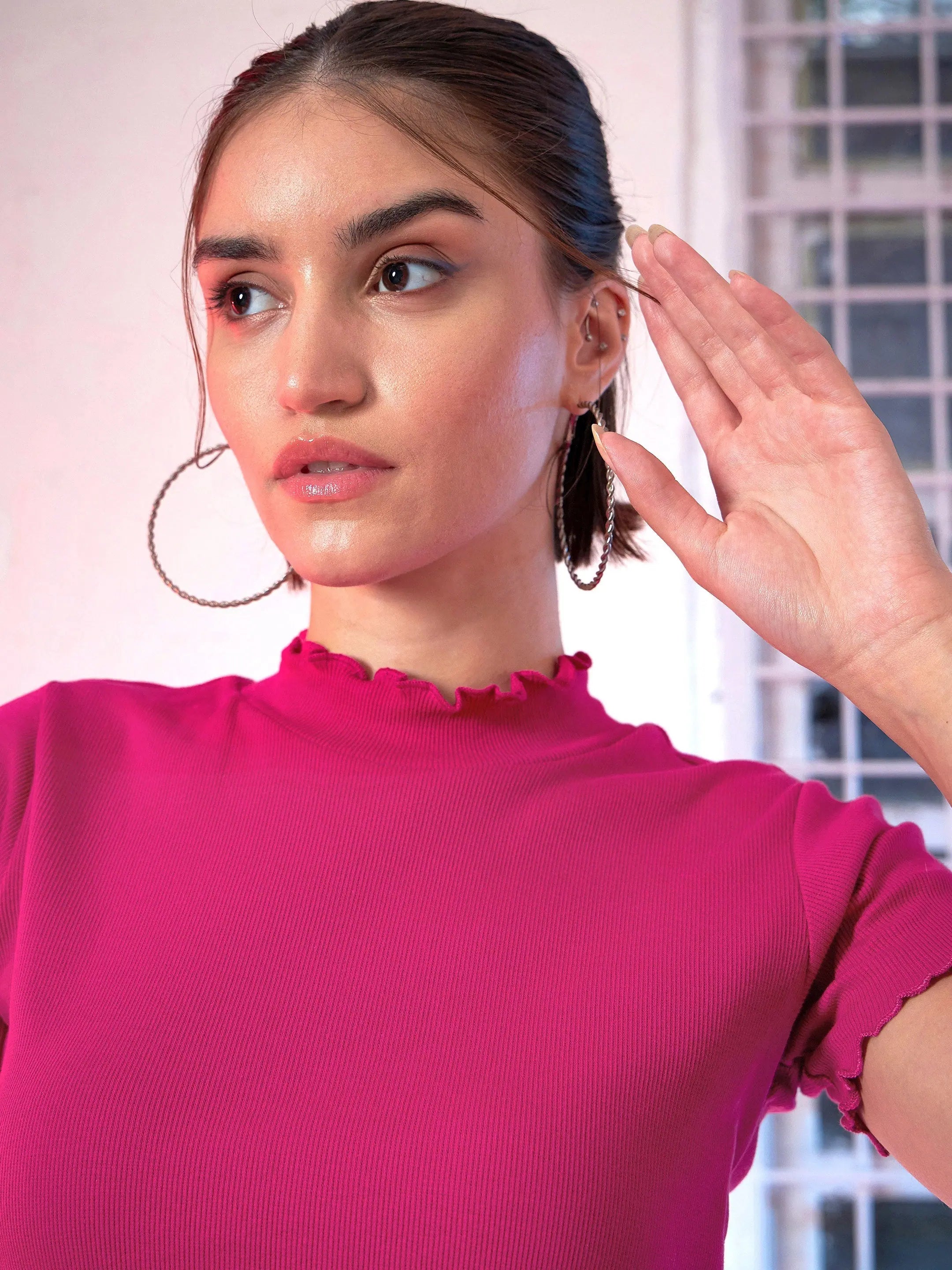 Fuchsia High Neck Top | Women's Western Wear Cotton Ribbed Top