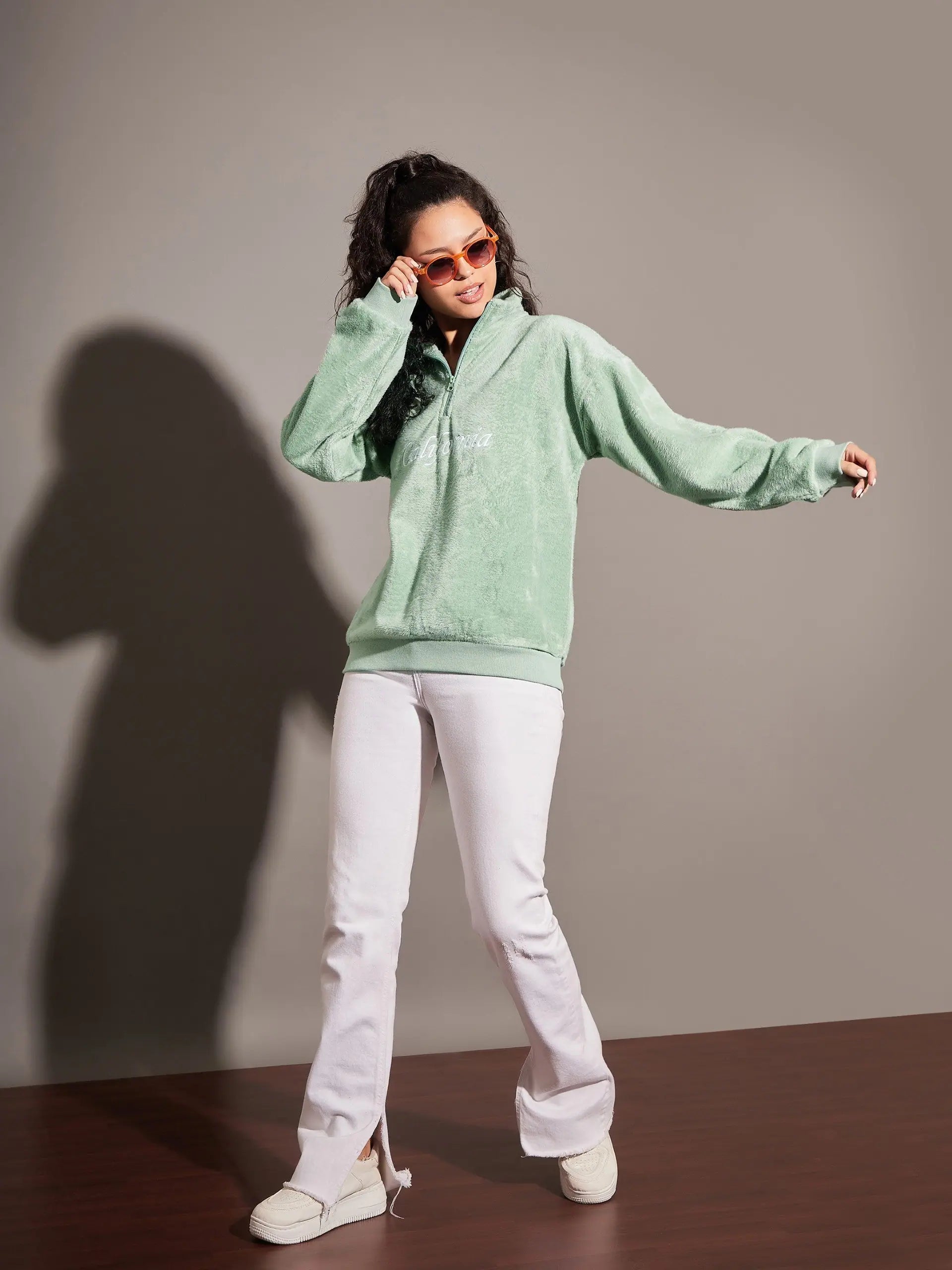Green Embroidered Fur Sweatshirt | Women's Fleece California Top