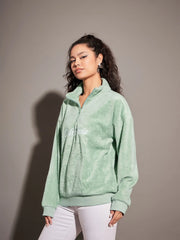 Women Green Fur California Embroidered High Neck Sweatshirt