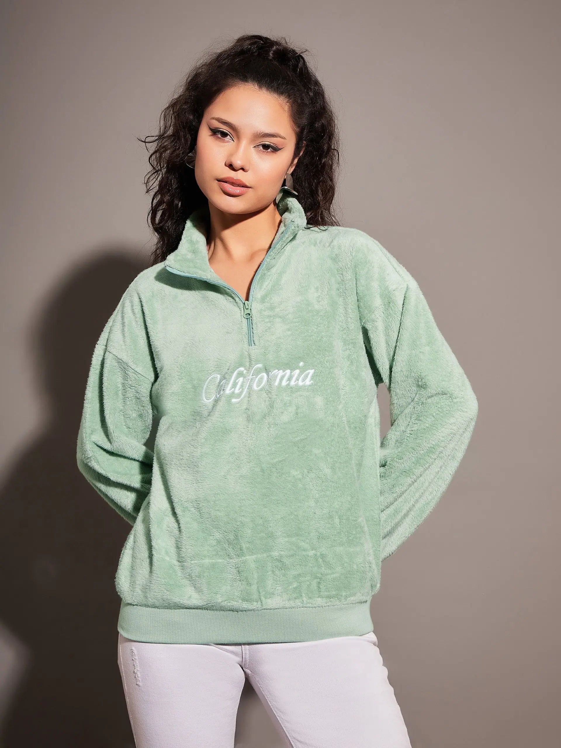 Green Embroidered Fur Sweatshirt | Women's Fleece California Top