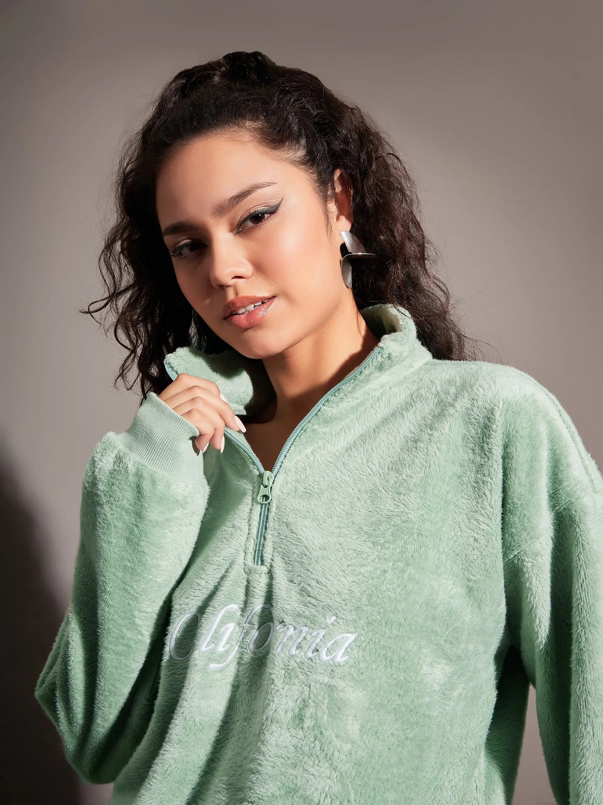 Green Embroidered Fur Sweatshirt | Women's Fleece California Top