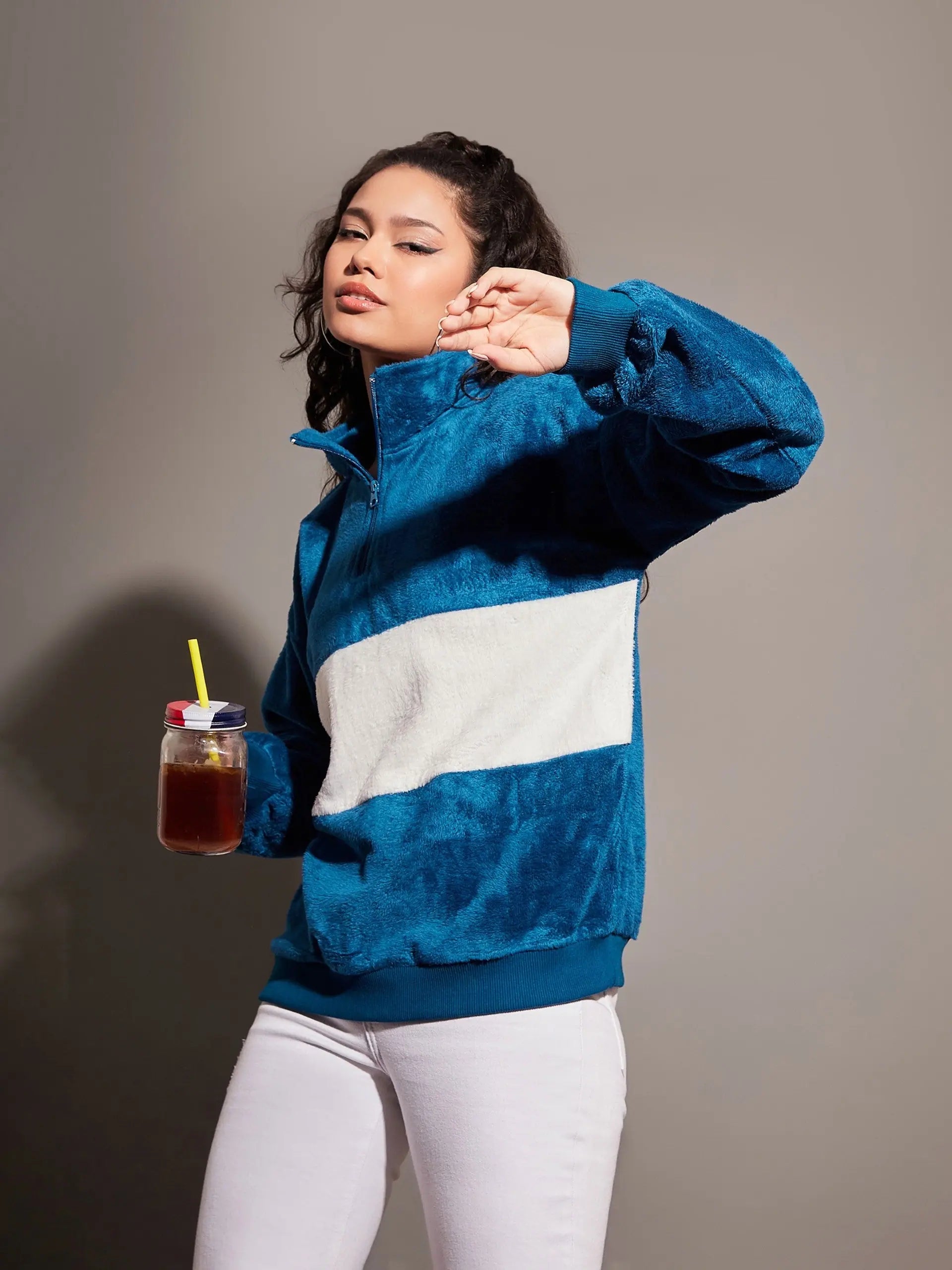 Airforce Blue Color Block Fur Sweatshirt | Women's Polyester