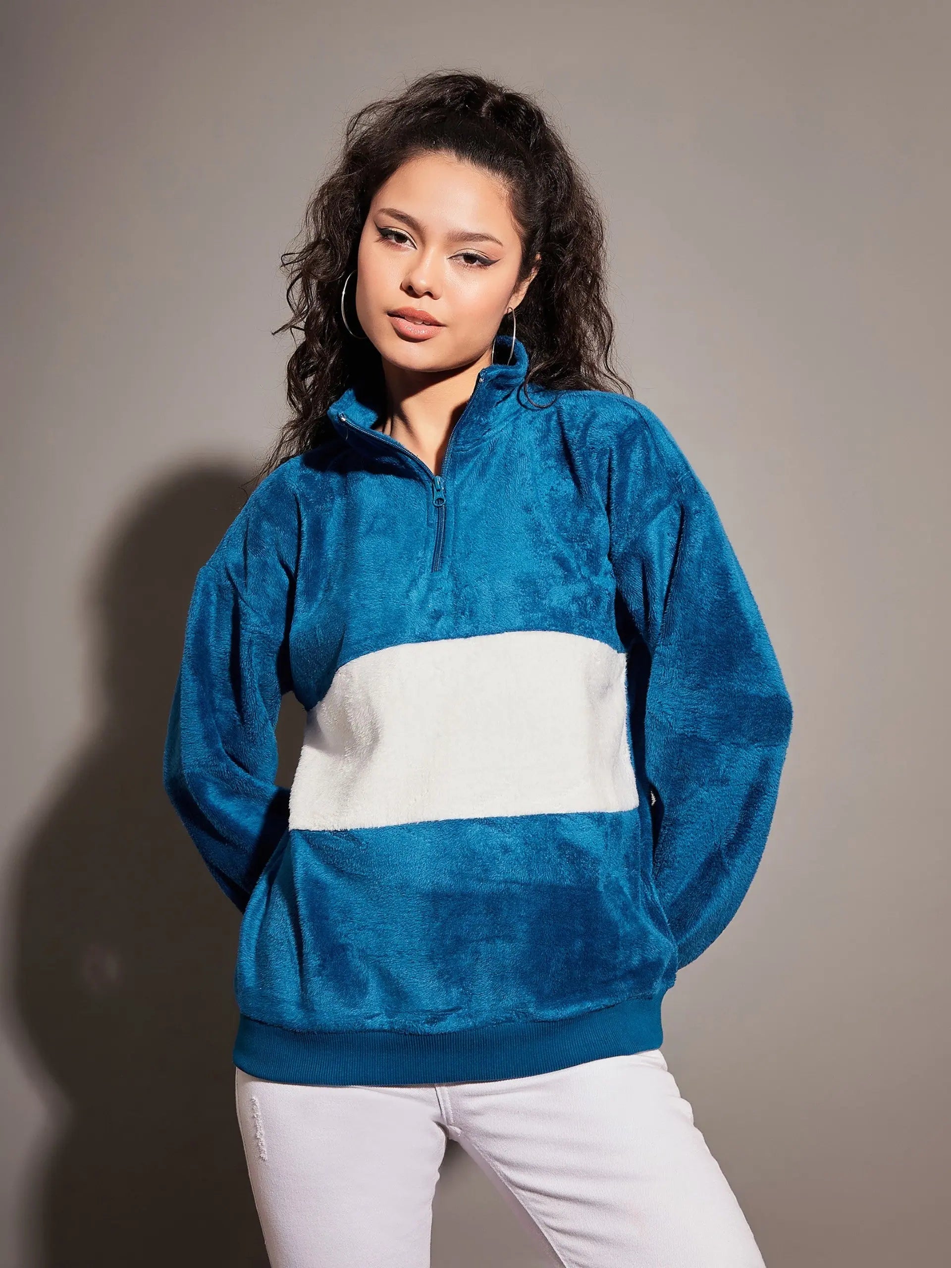 Airforce Blue Color Block Fur Sweatshirt | Women's Polyester