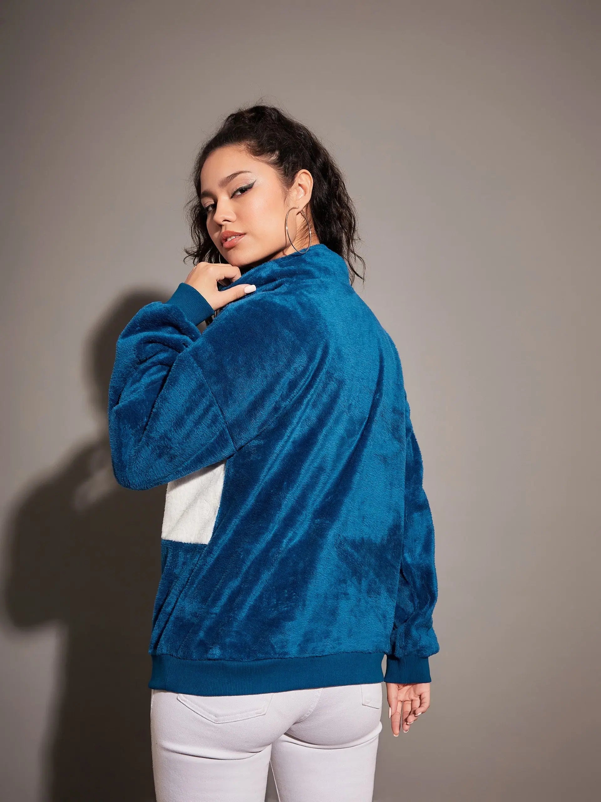 Airforce Blue Color Block Fur Sweatshirt | Women's Polyester