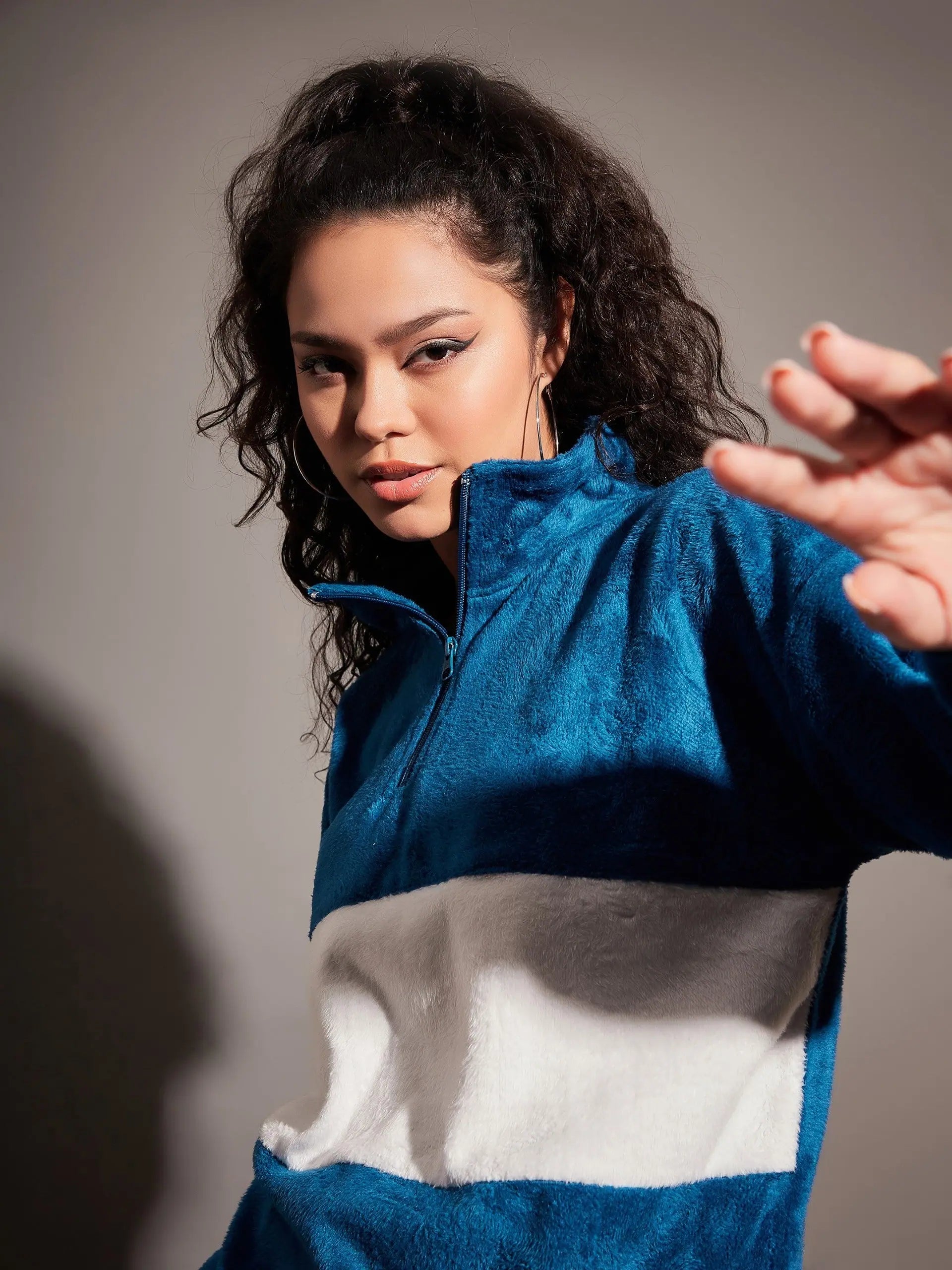 Airforce Blue Color Block Fur Sweatshirt | Women's Polyester