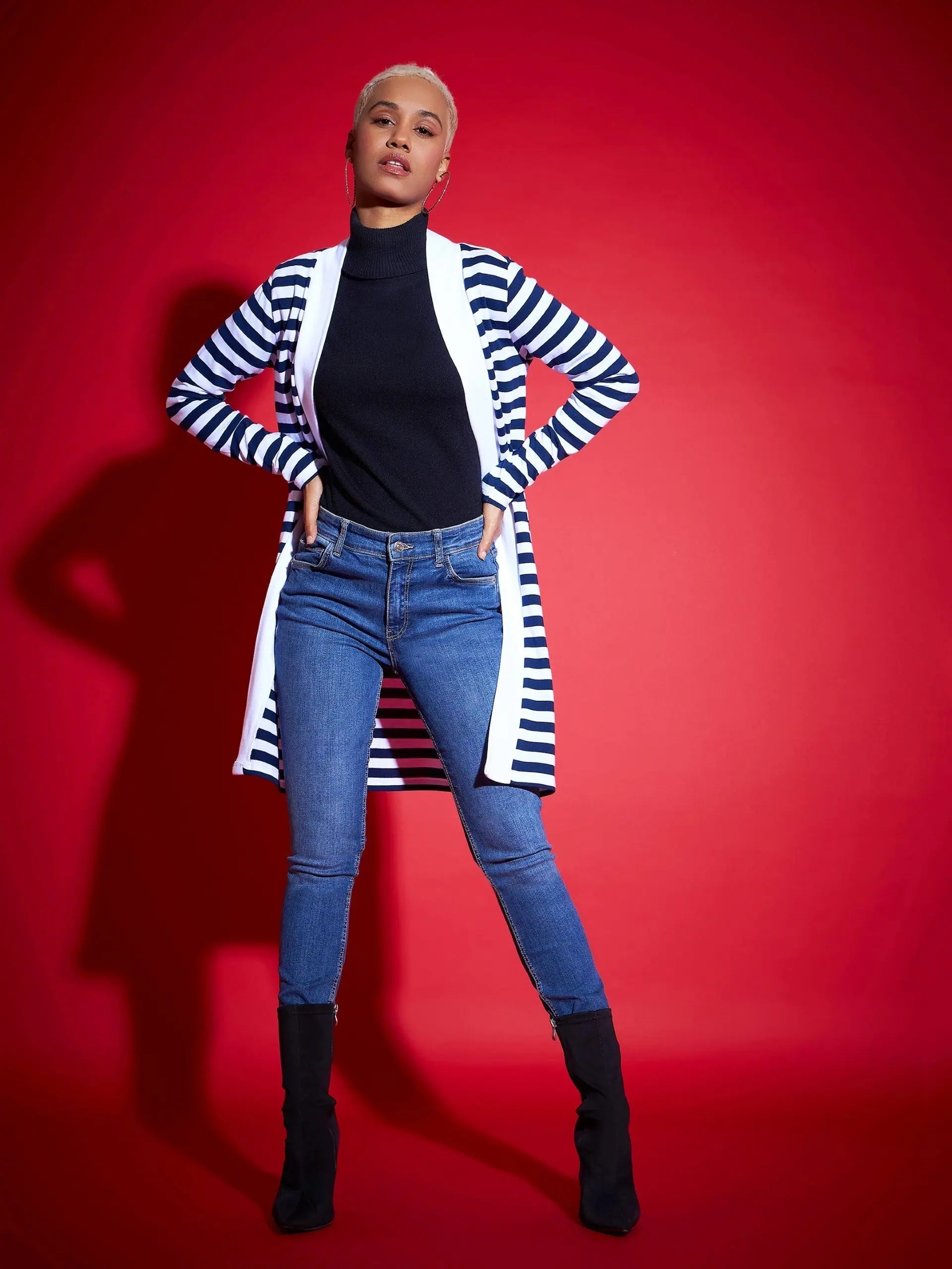 Navy & White Striped Sweater | Women's Designer Ethnic Knit