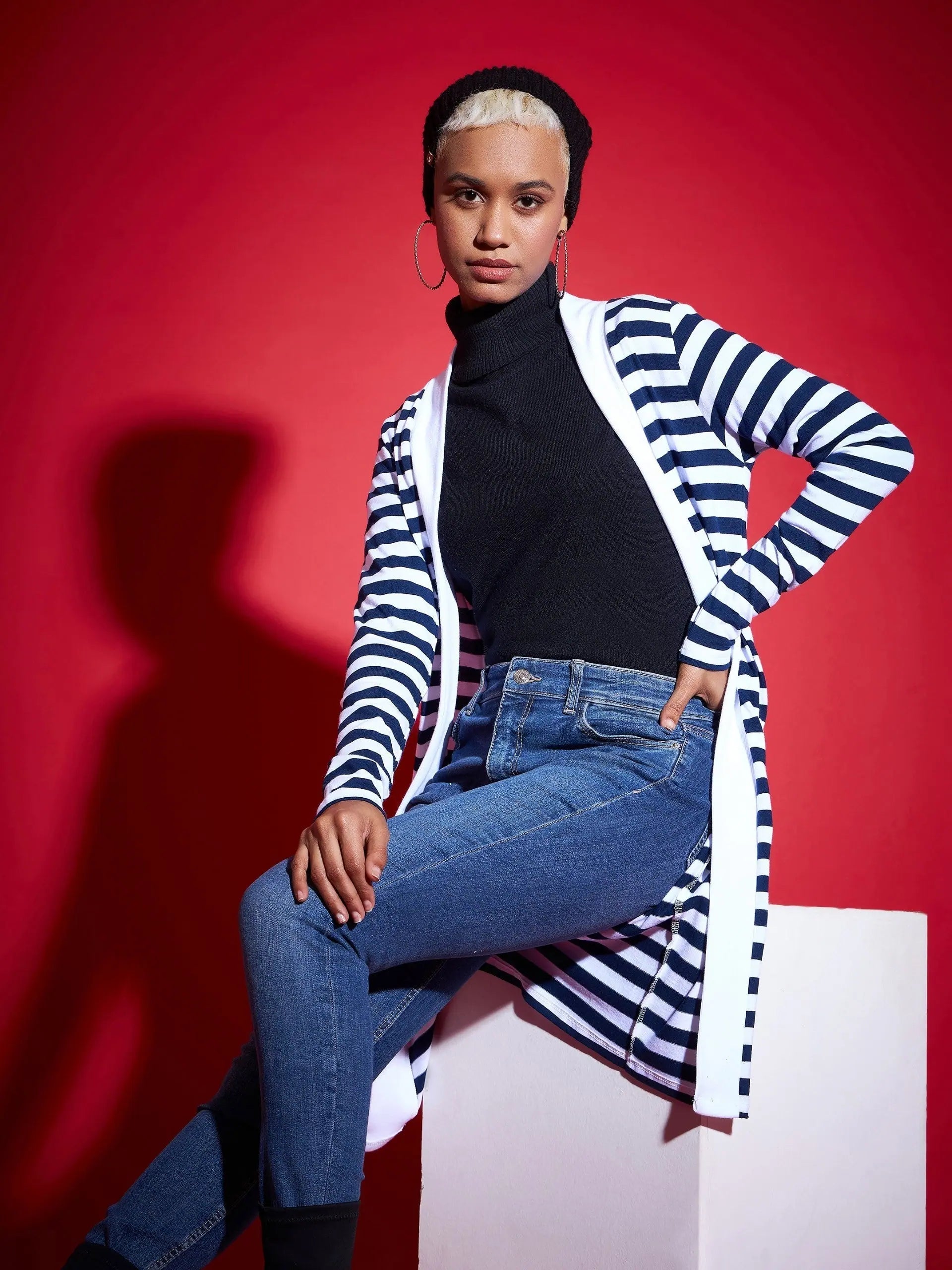 Navy & White Striped Sweater | Women's Designer Ethnic Knit