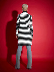 Women Black & White Striped Front Open Sweater