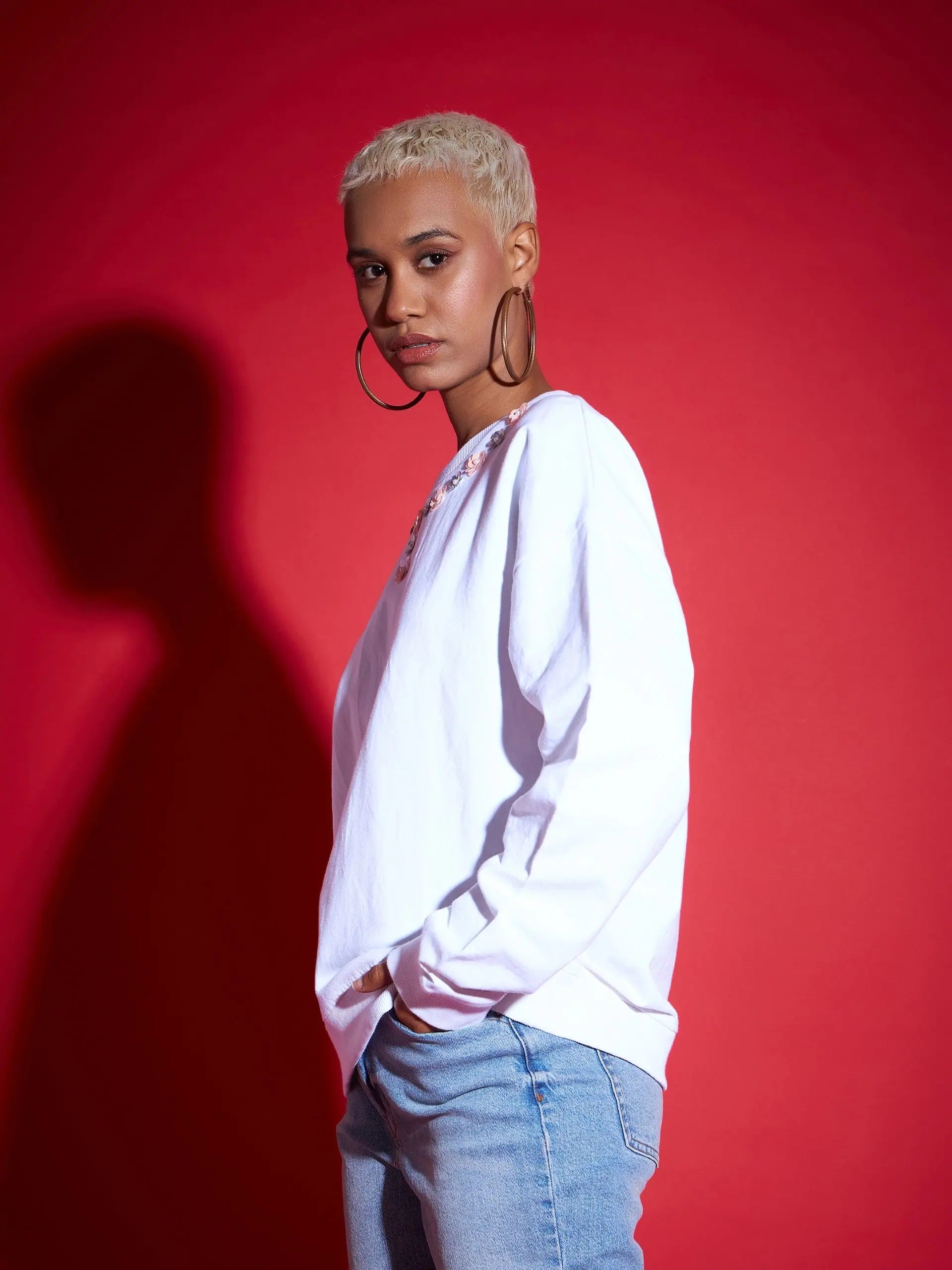 White Oversized Sequin Sweatshirt - Women's Cotton Terry Neck