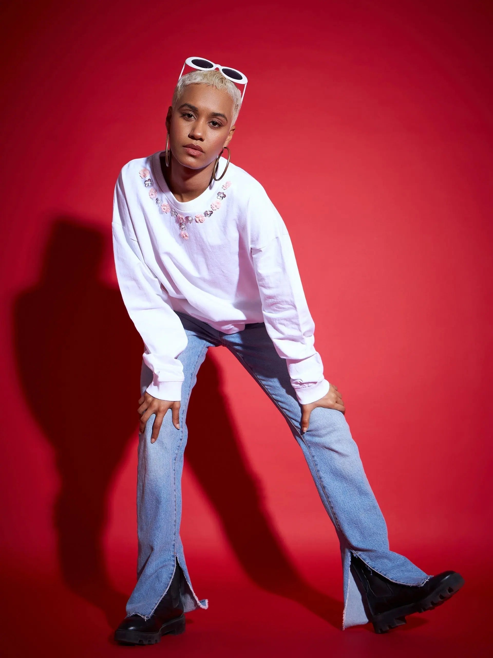 White Oversized Sequin Sweatshirt - Women's Cotton Terry Neck