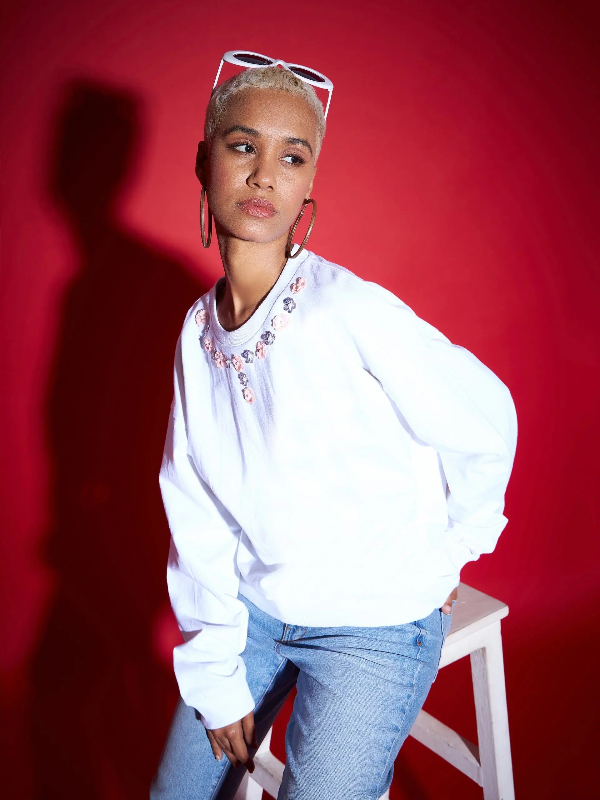 White Oversized Sequin Sweatshirt - Women's Cotton Terry Neck