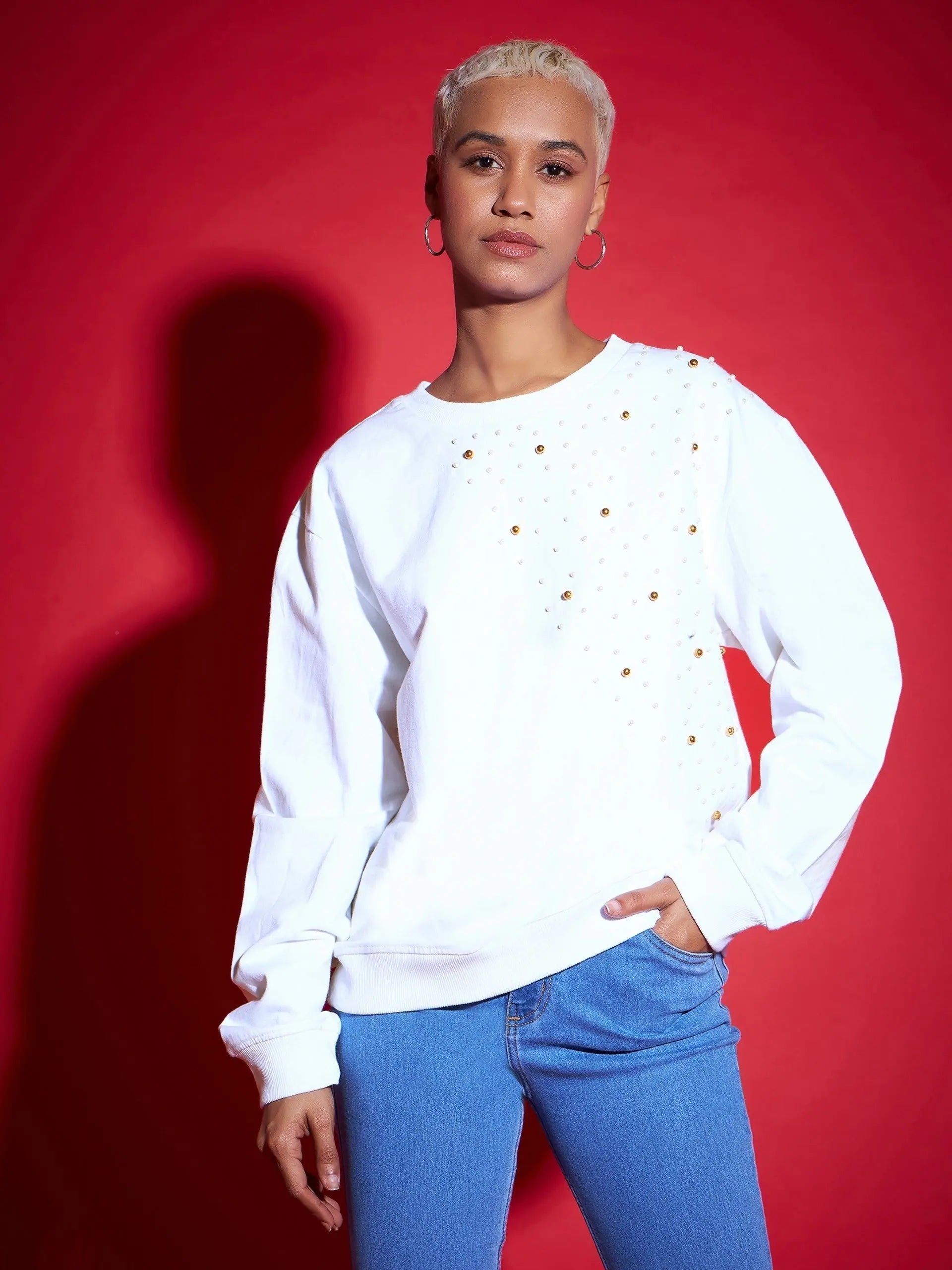 White Terry Pearl Sweatshirt | Women's Oversized Cotton Top