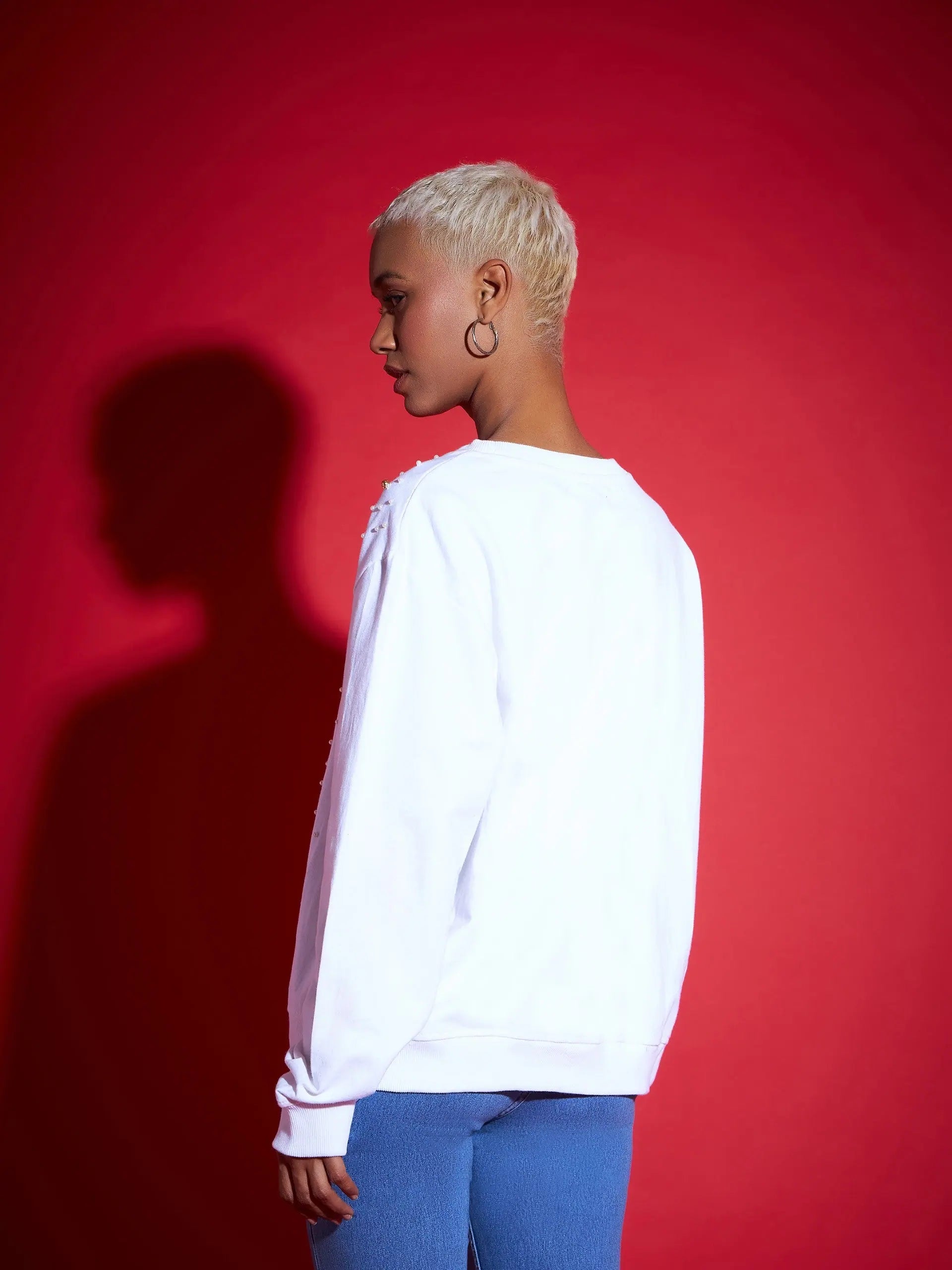 White Terry Pearl Sweatshirt | Women's Oversized Cotton Top