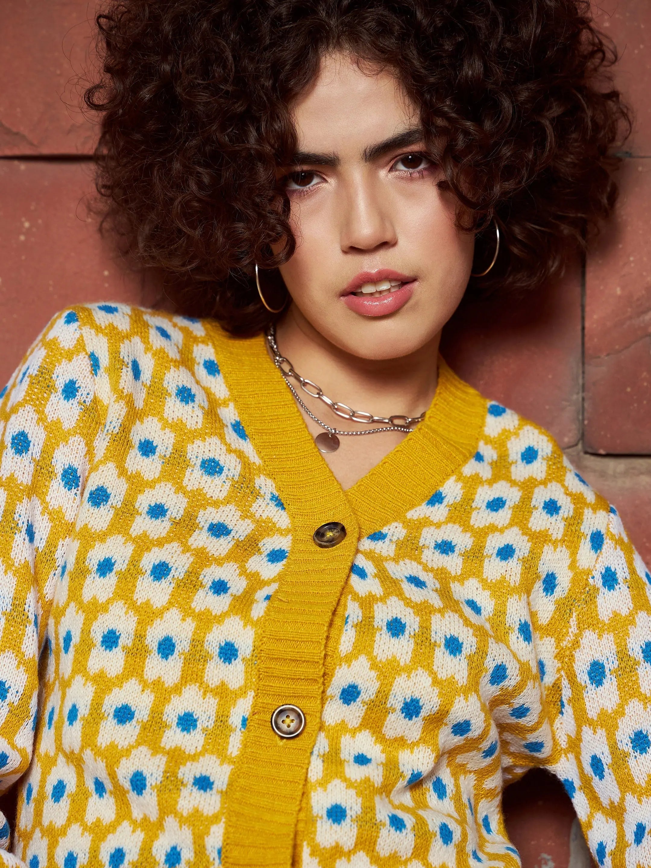 Floral Wool Cardigan for Women | Mustard Front Open Cardigan