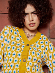 Women Mustard Floral Front Open Wool Cardigan