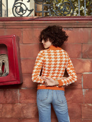 Women Orange And White Houndstooth Sweater