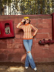 Women Orange And White Houndstooth Sweater