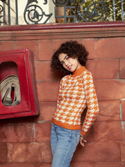 Women Orange And White Houndstooth Sweater