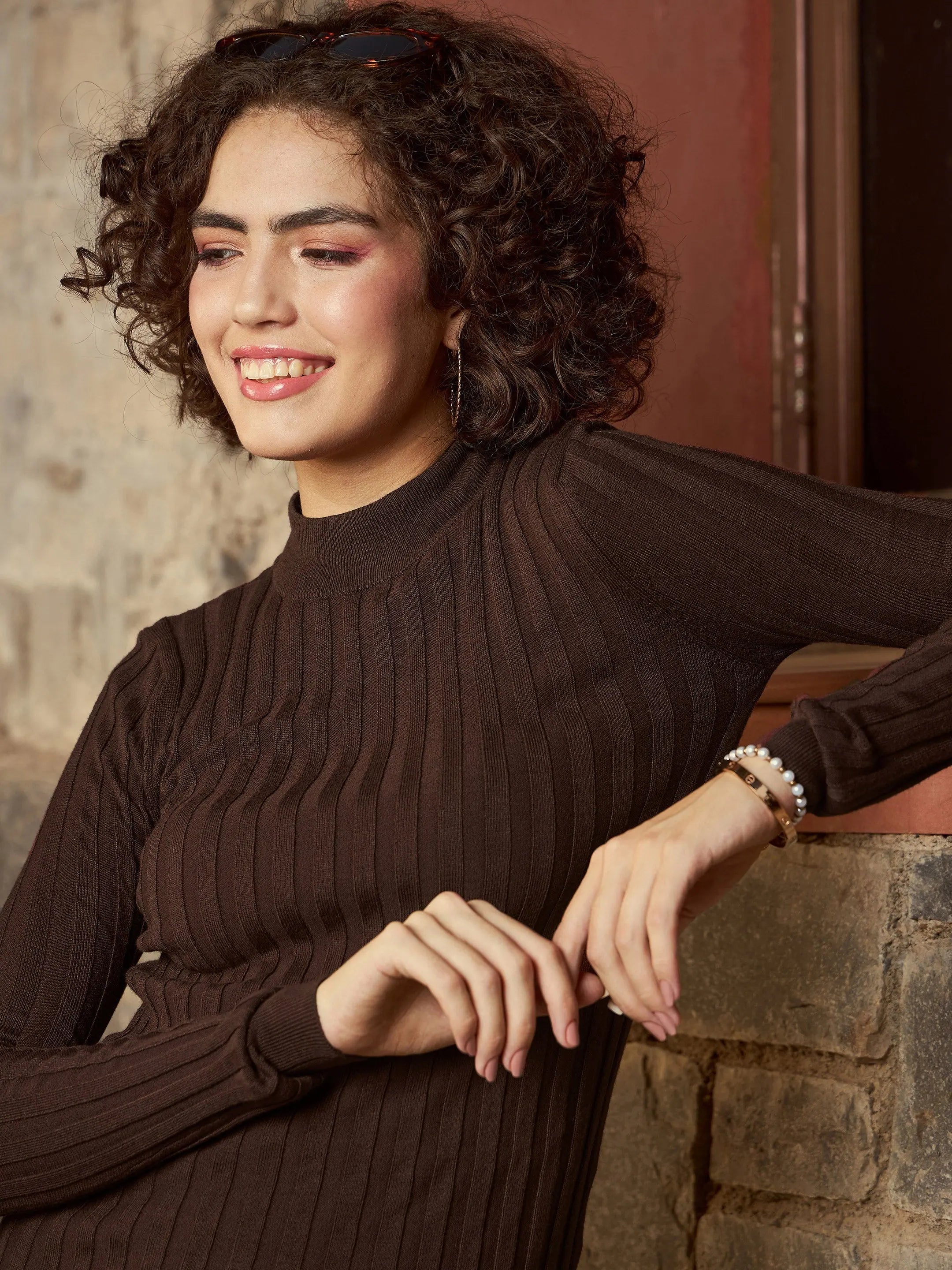 Brown Ribbed High Neck Sweater | Cozy Women's Winter Wear