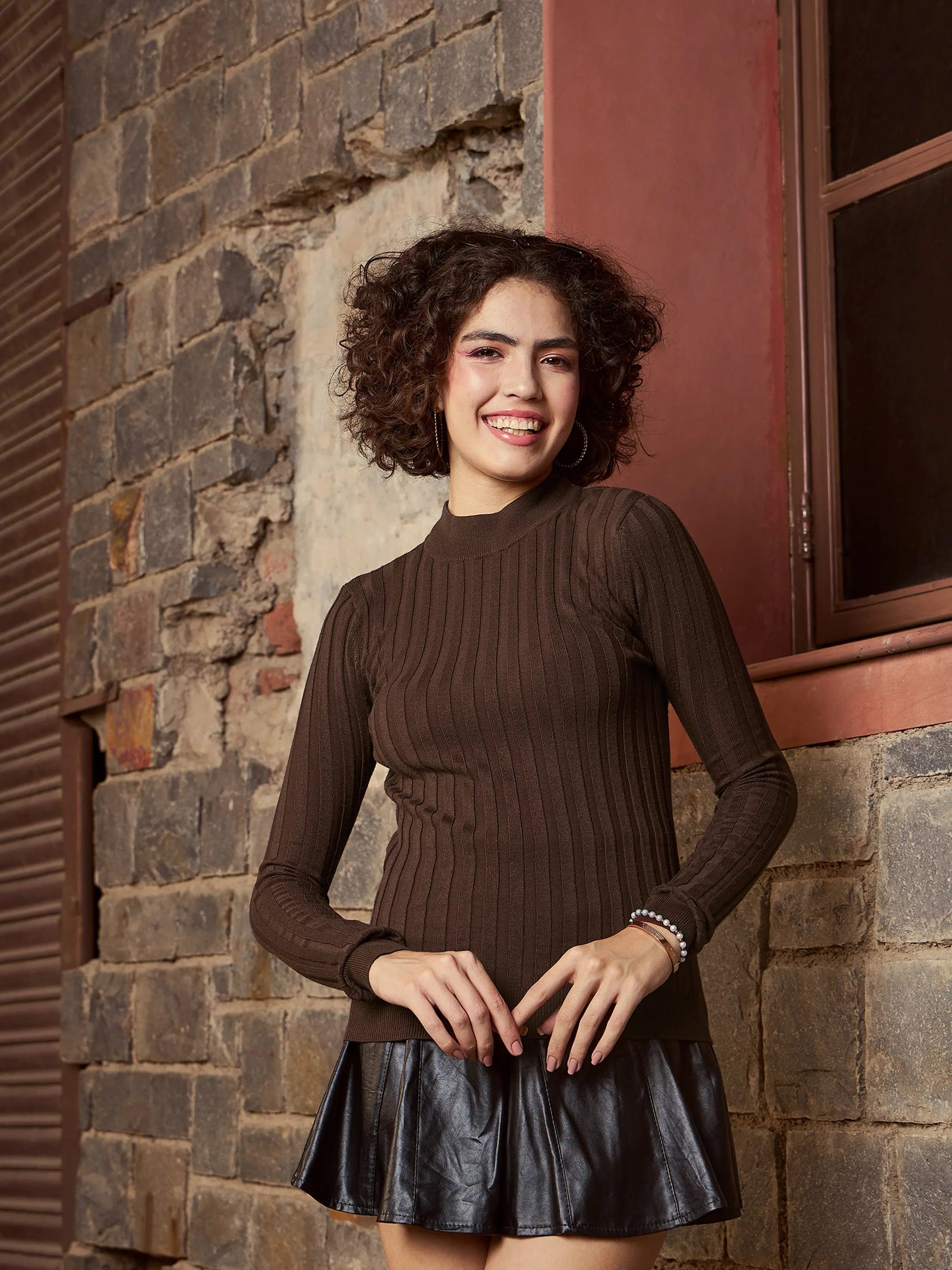 Brown Ribbed High Neck Sweater | Cozy Women's Winter Wear