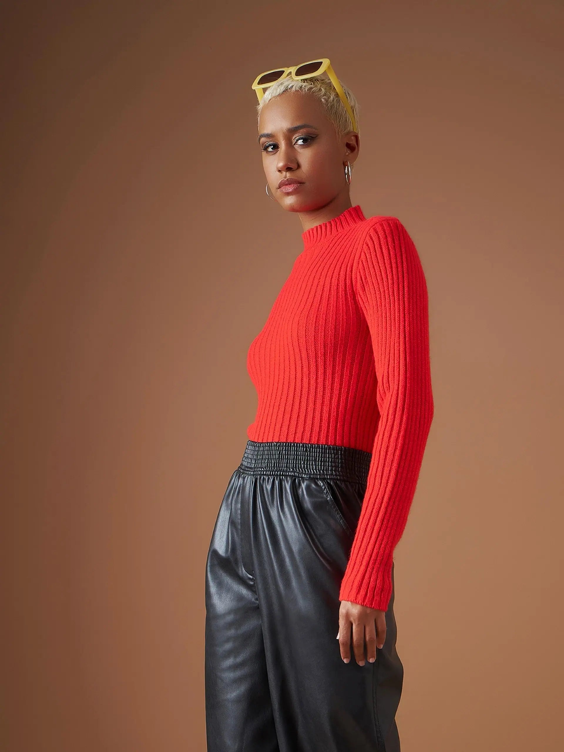 Red Ribbed High Neck Sweater | Women's Western Clothing