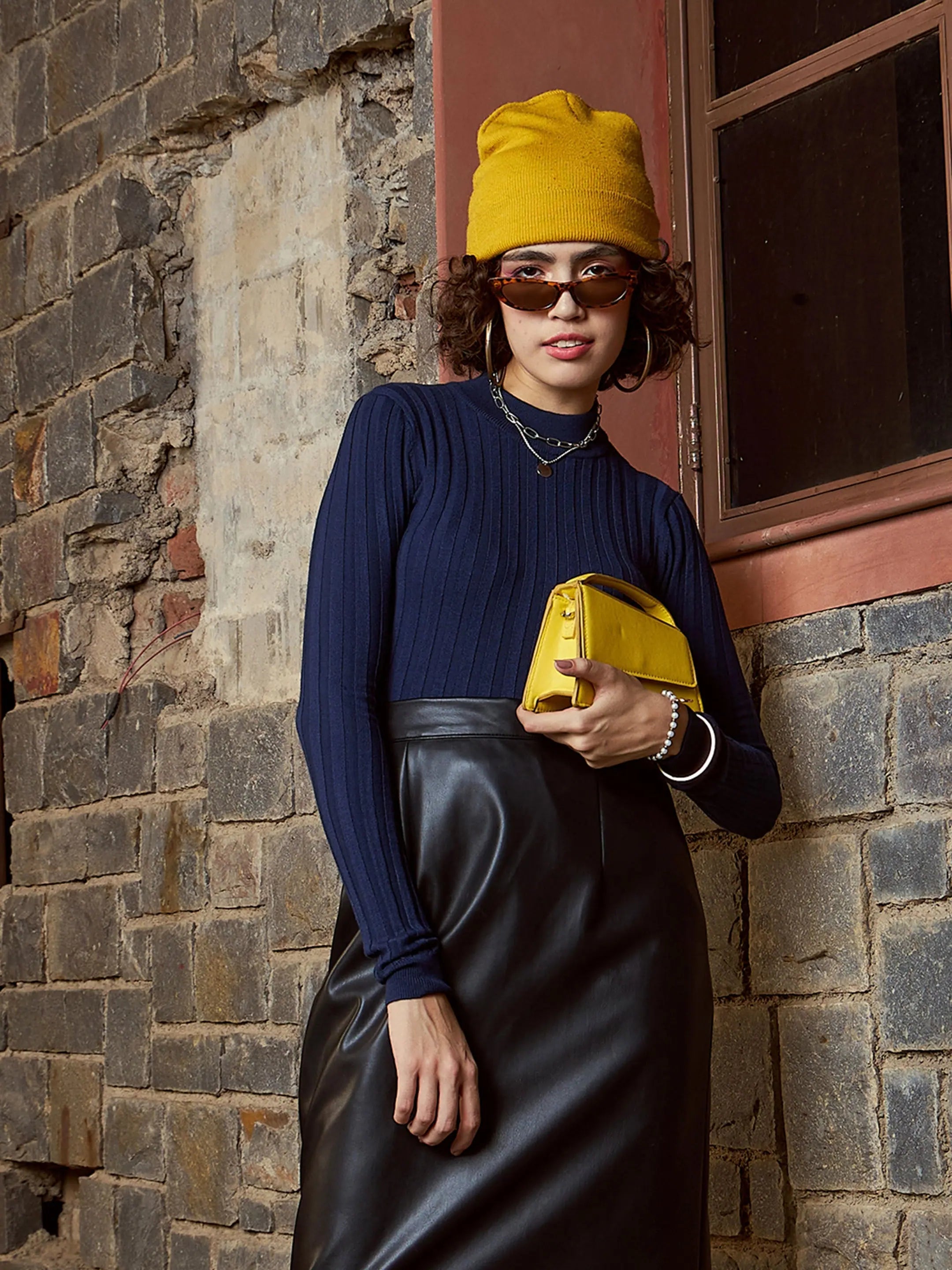 Navy Rib High Neck Sweater | Slim Fit Women's Sweater