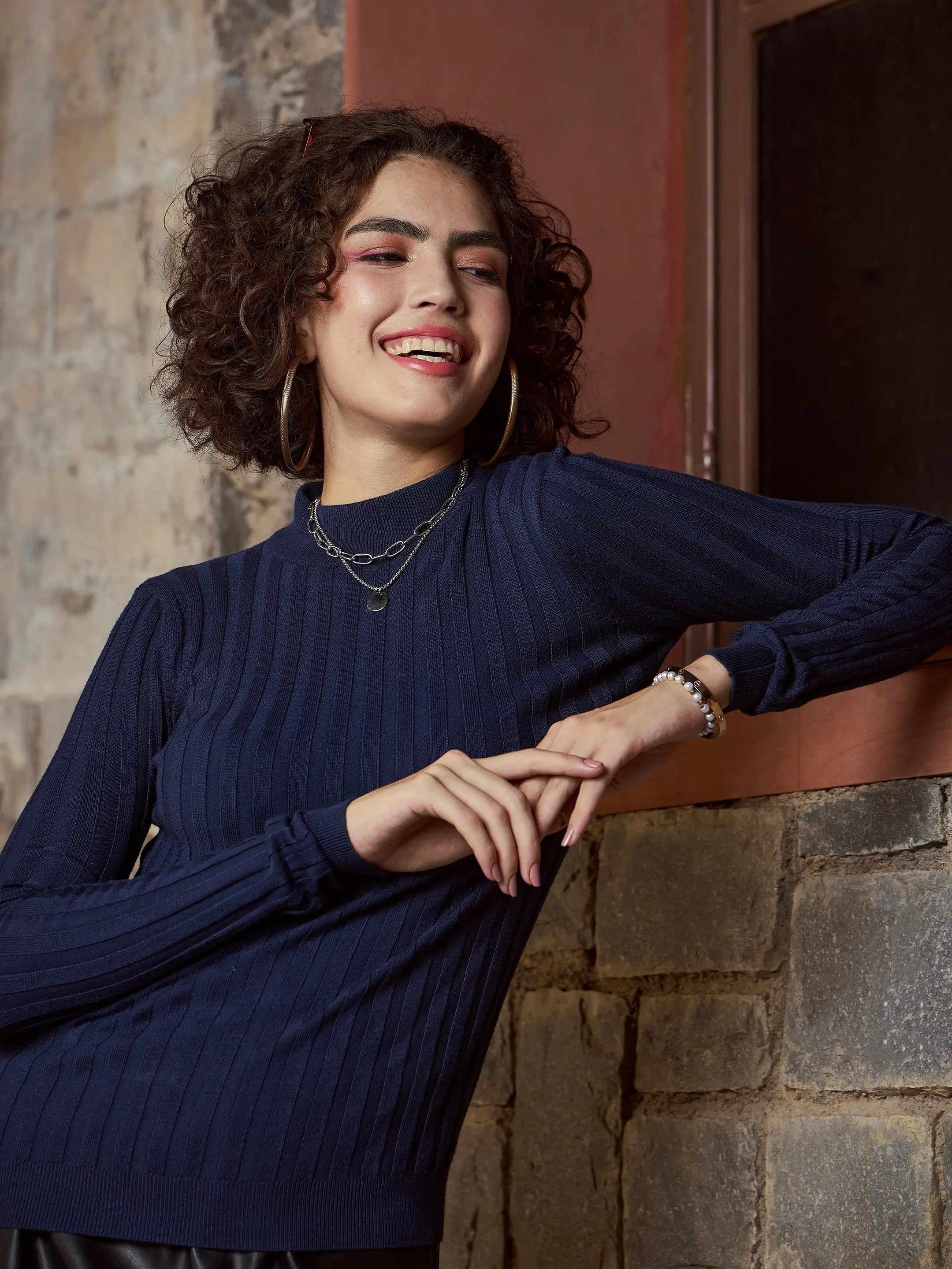 Navy Rib High Neck Sweater | Slim Fit Women's Sweater