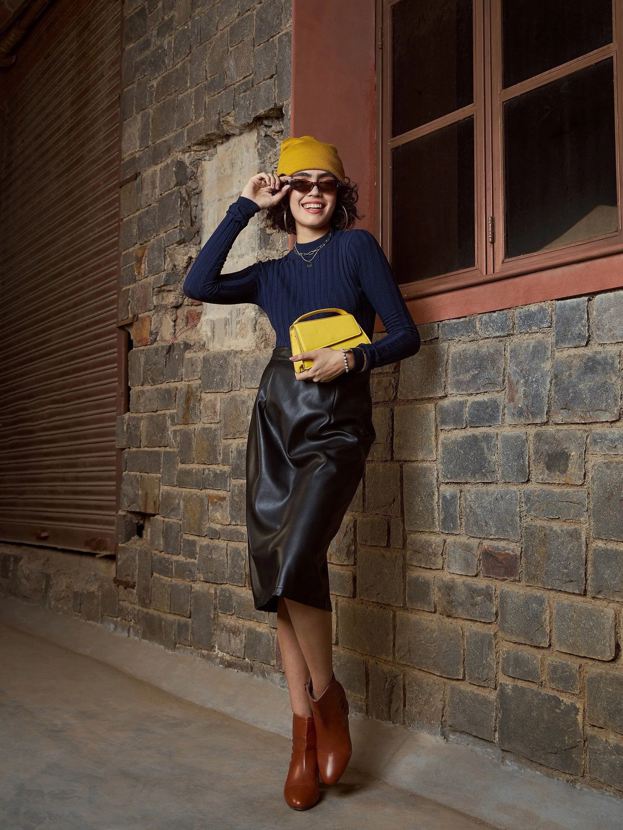 Navy Rib High Neck Sweater | Slim Fit Women's Sweater