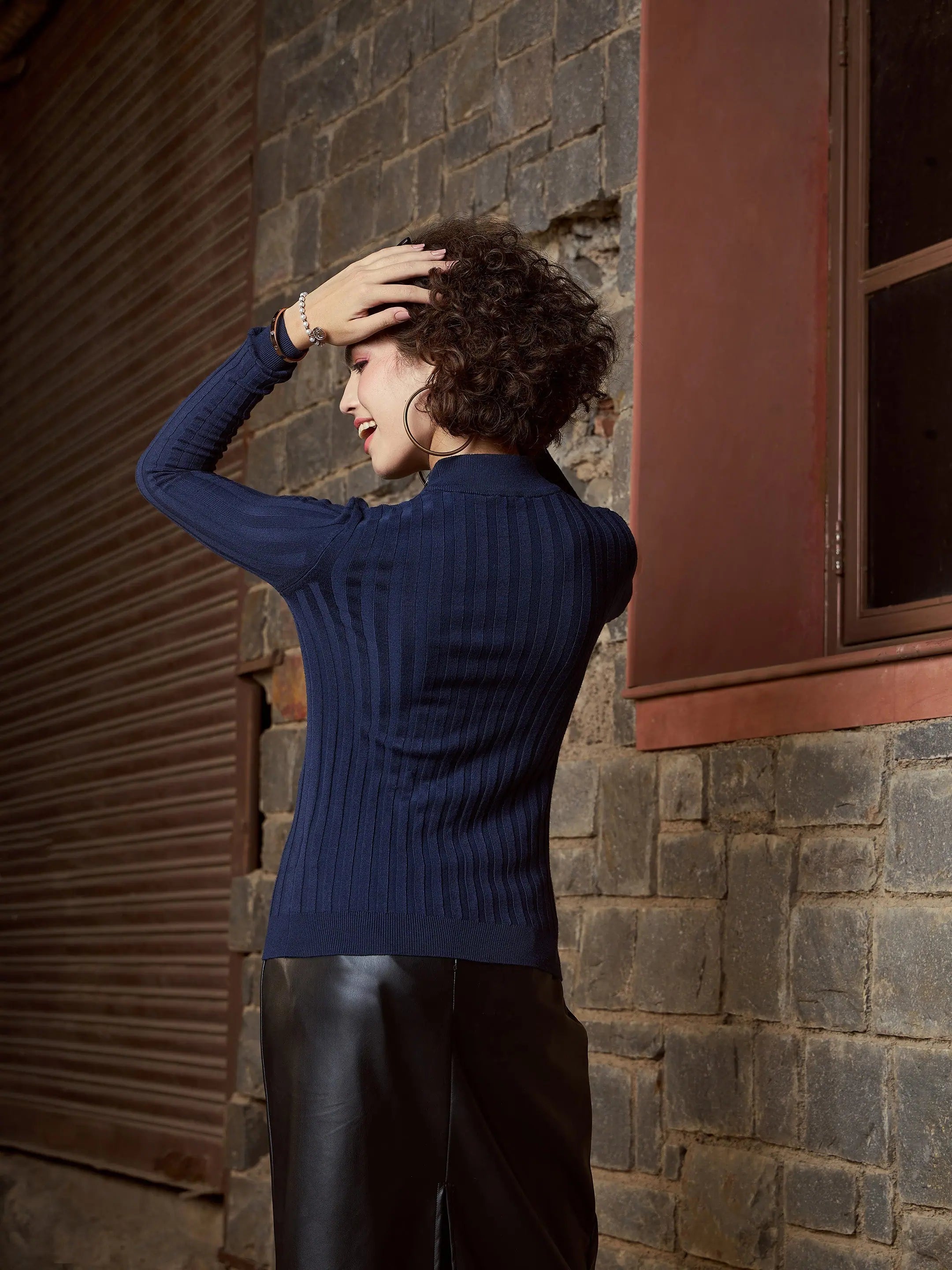 Navy Rib High Neck Sweater | Slim Fit Women's Sweater
