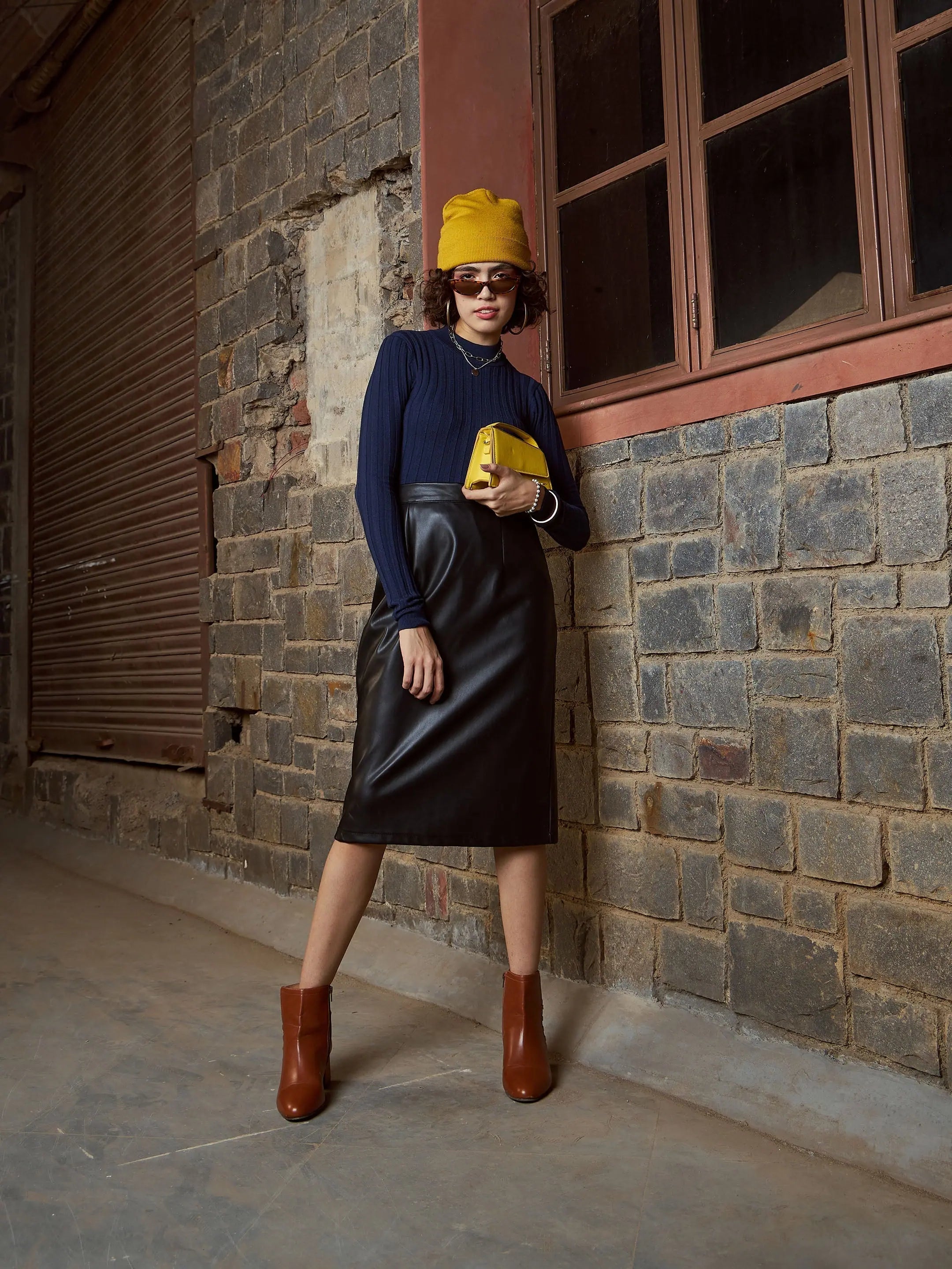 Navy Rib High Neck Sweater | Slim Fit Women's Sweater