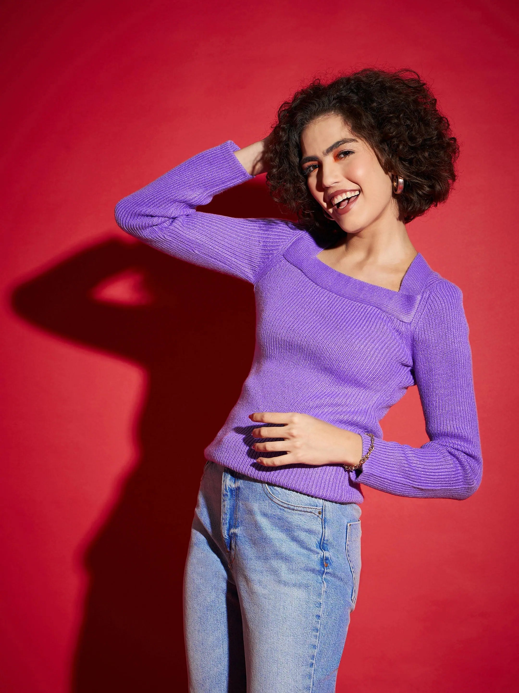 Lavender Rib Square Neck Sweater | Slim Fit Women's Sweater