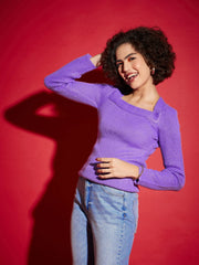 Women Lavender Rib Square Neck Full Sleeves Sweater