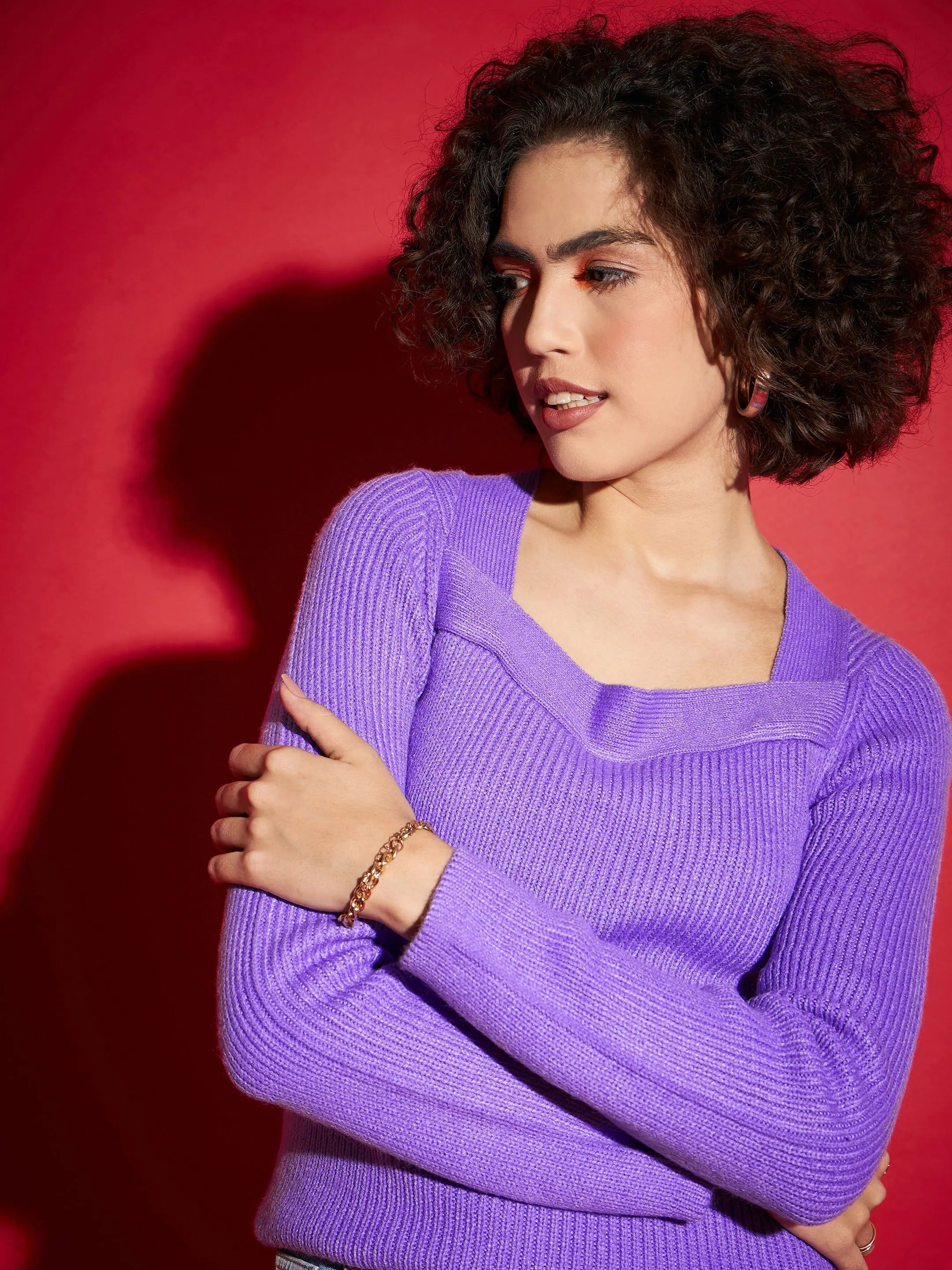 Lavender Rib Square Neck Sweater | Slim Fit Women's Sweater