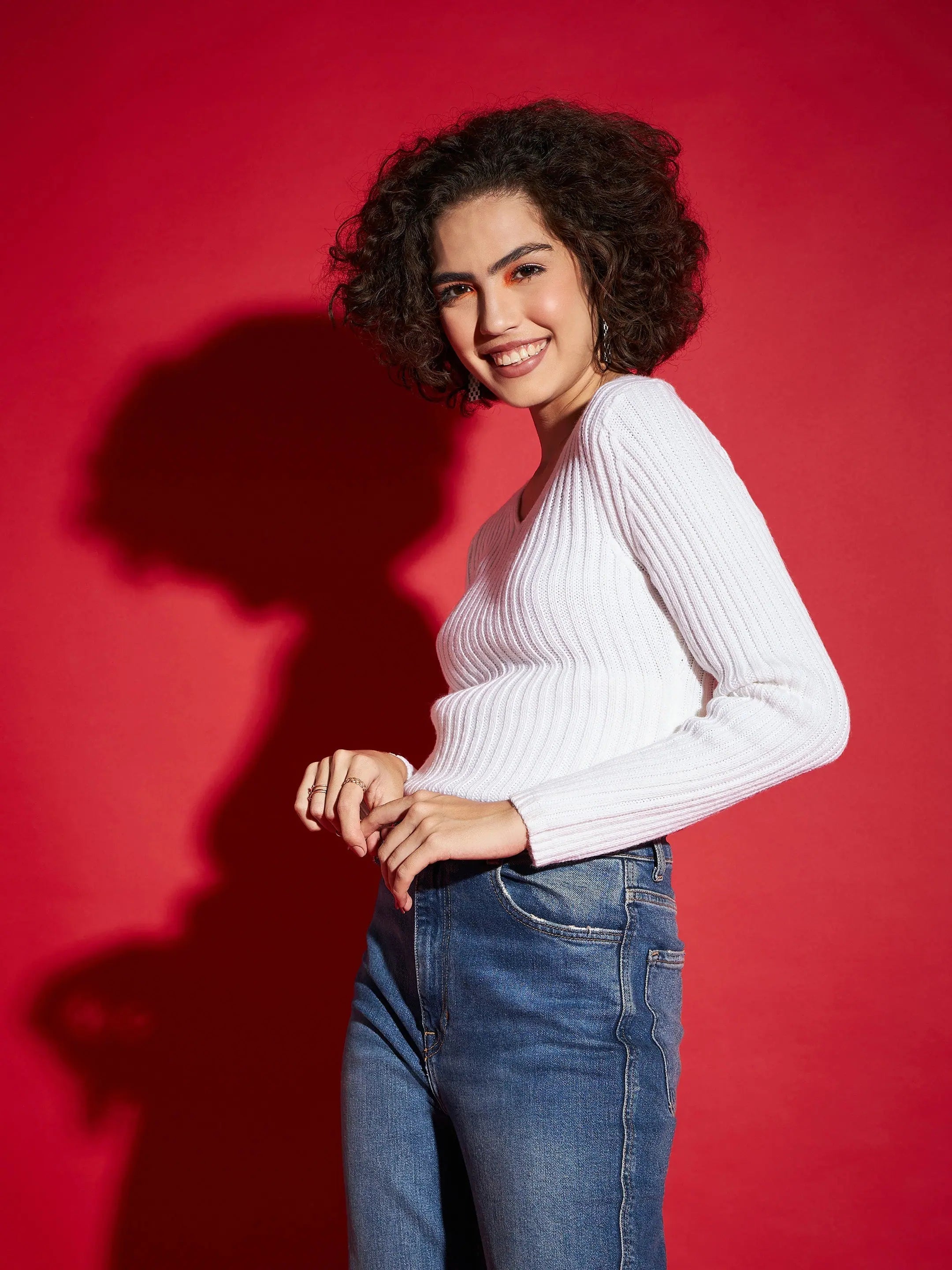 White Rib V-Neck Sweater - Lehenga Choli Inspired Style