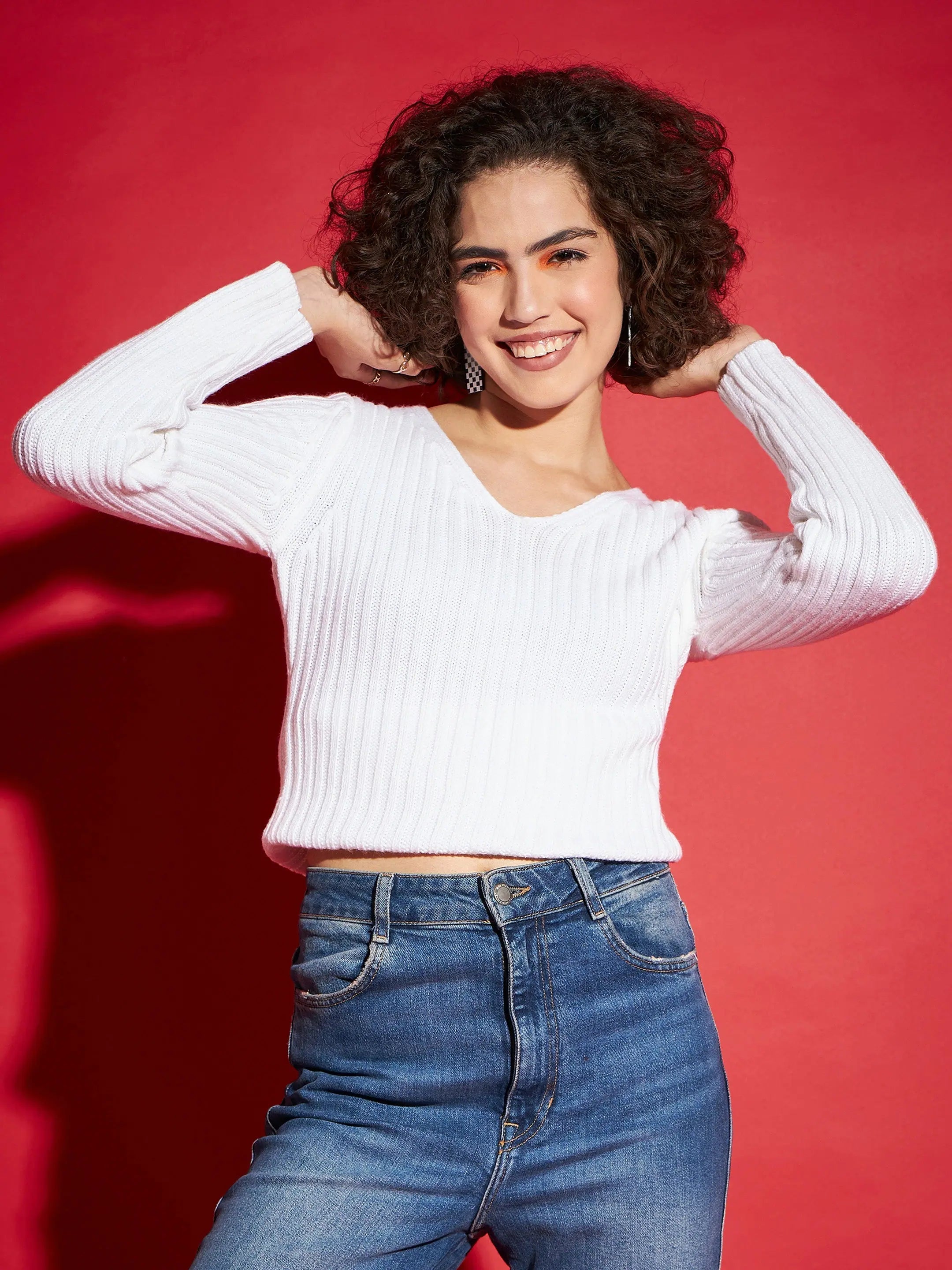 White Rib V-Neck Sweater - Lehenga Choli Inspired Style