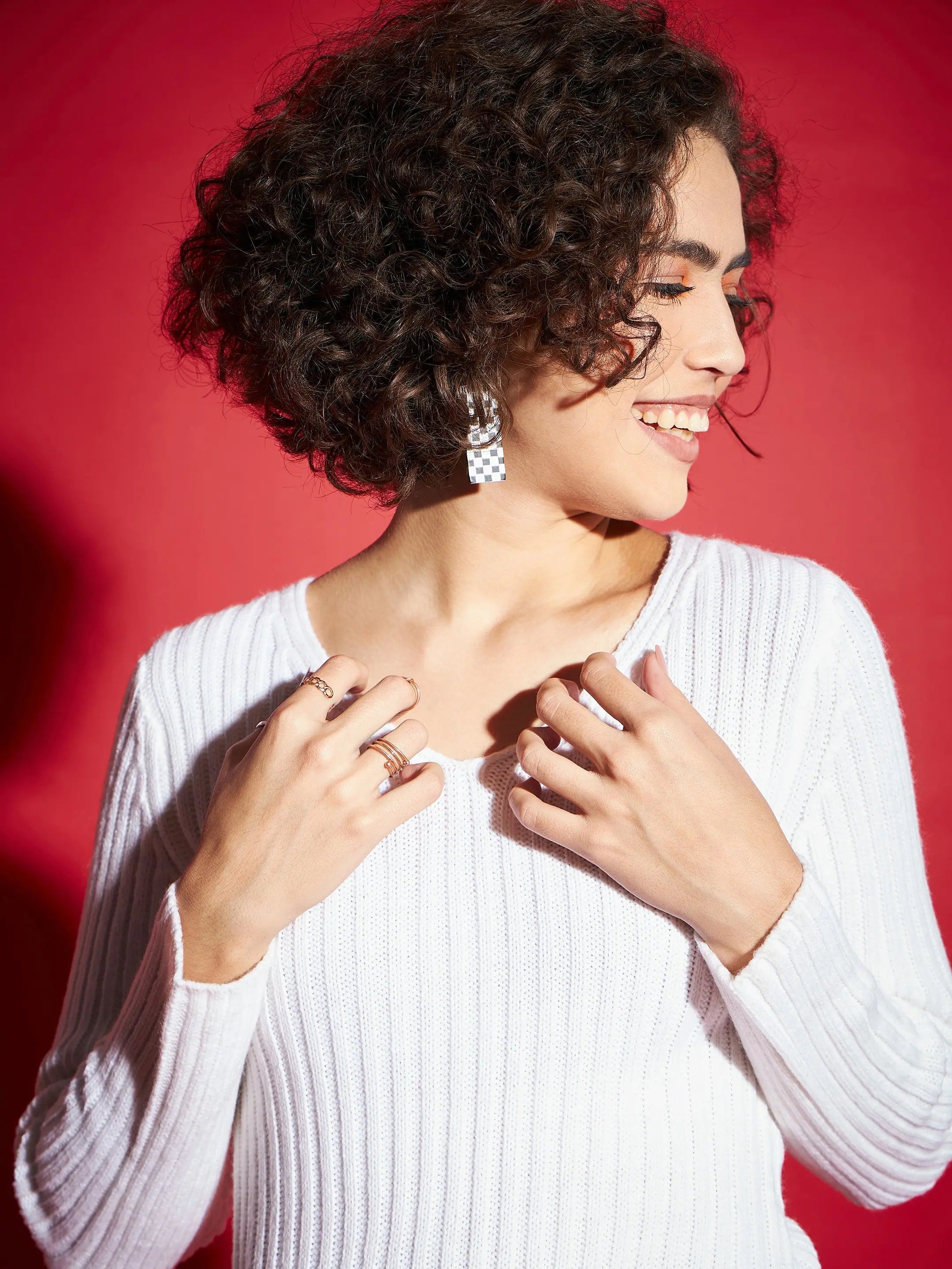 White Rib V-Neck Sweater - Lehenga Choli Inspired Style