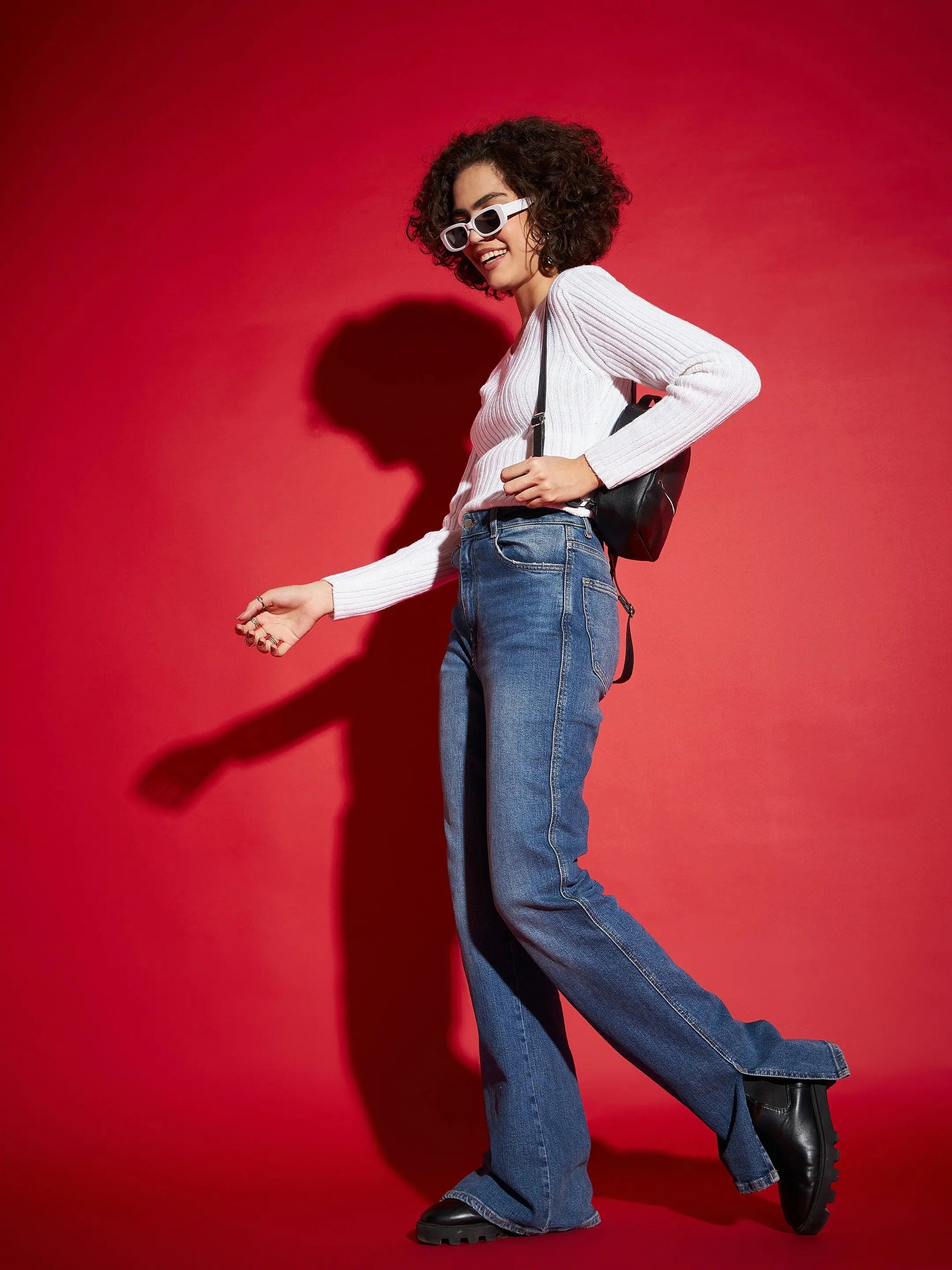 White Rib V-Neck Sweater - Lehenga Choli Inspired Style