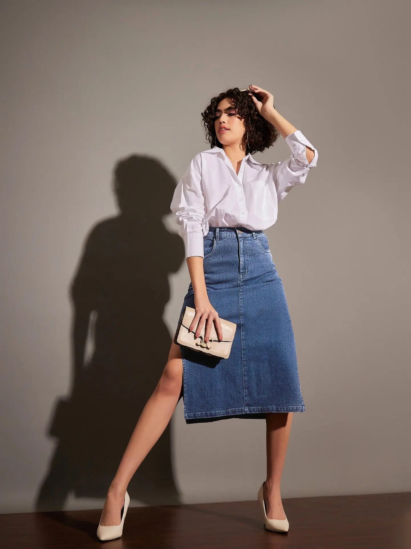 Ice Blue Denim Midi Skirt - Women's Western Outfits Online