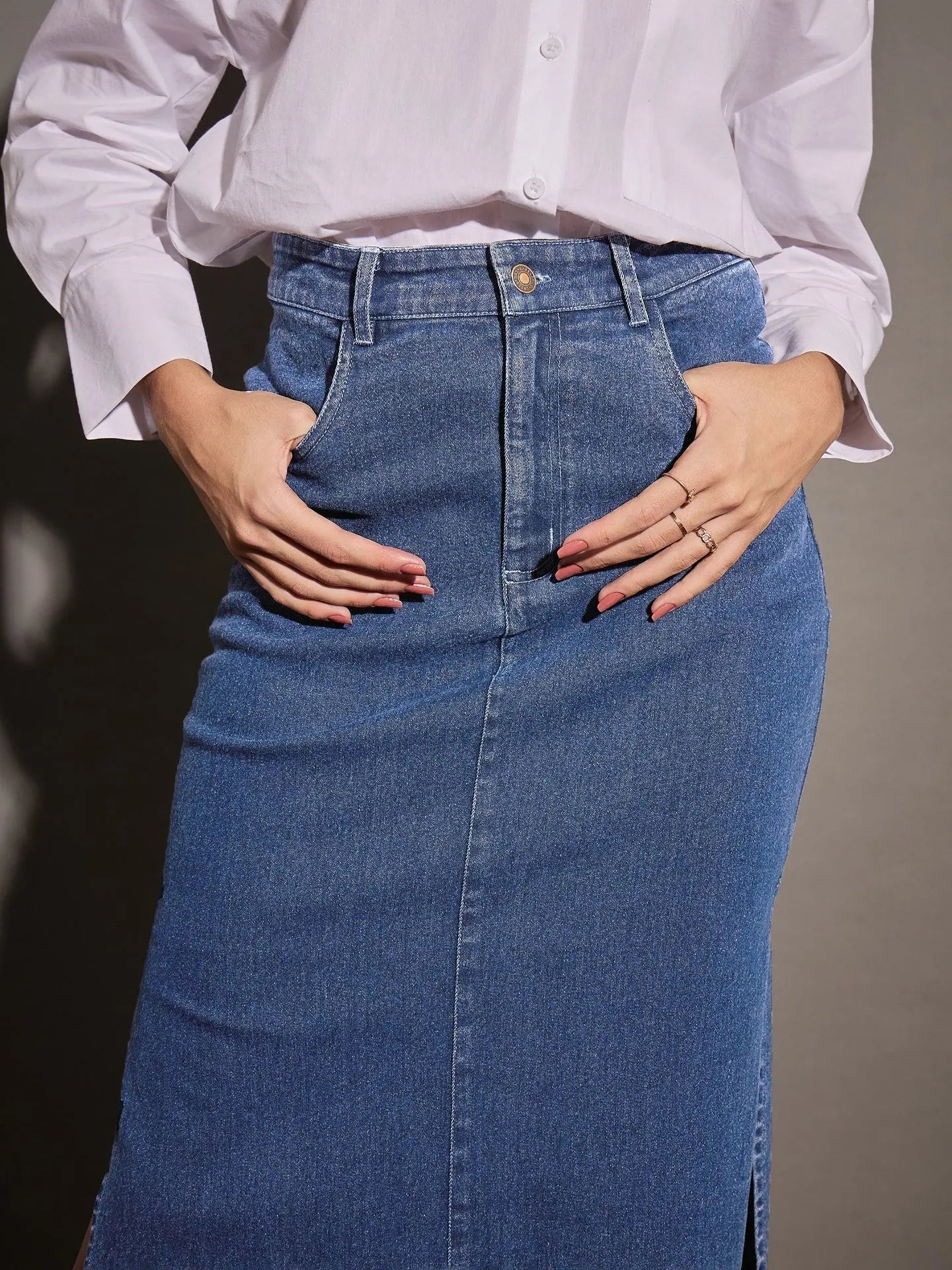 Ice Blue Denim Midi Skirt - Women's Western Outfits Online